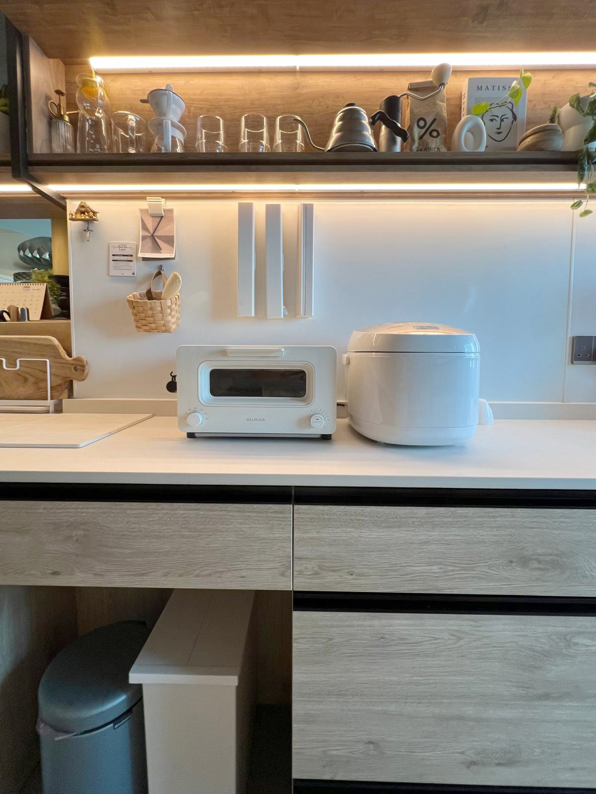 Kitchen Organization | Natural Color Appliances & Accessories  - Wooden kitchen counter, modern appliances, white toaster