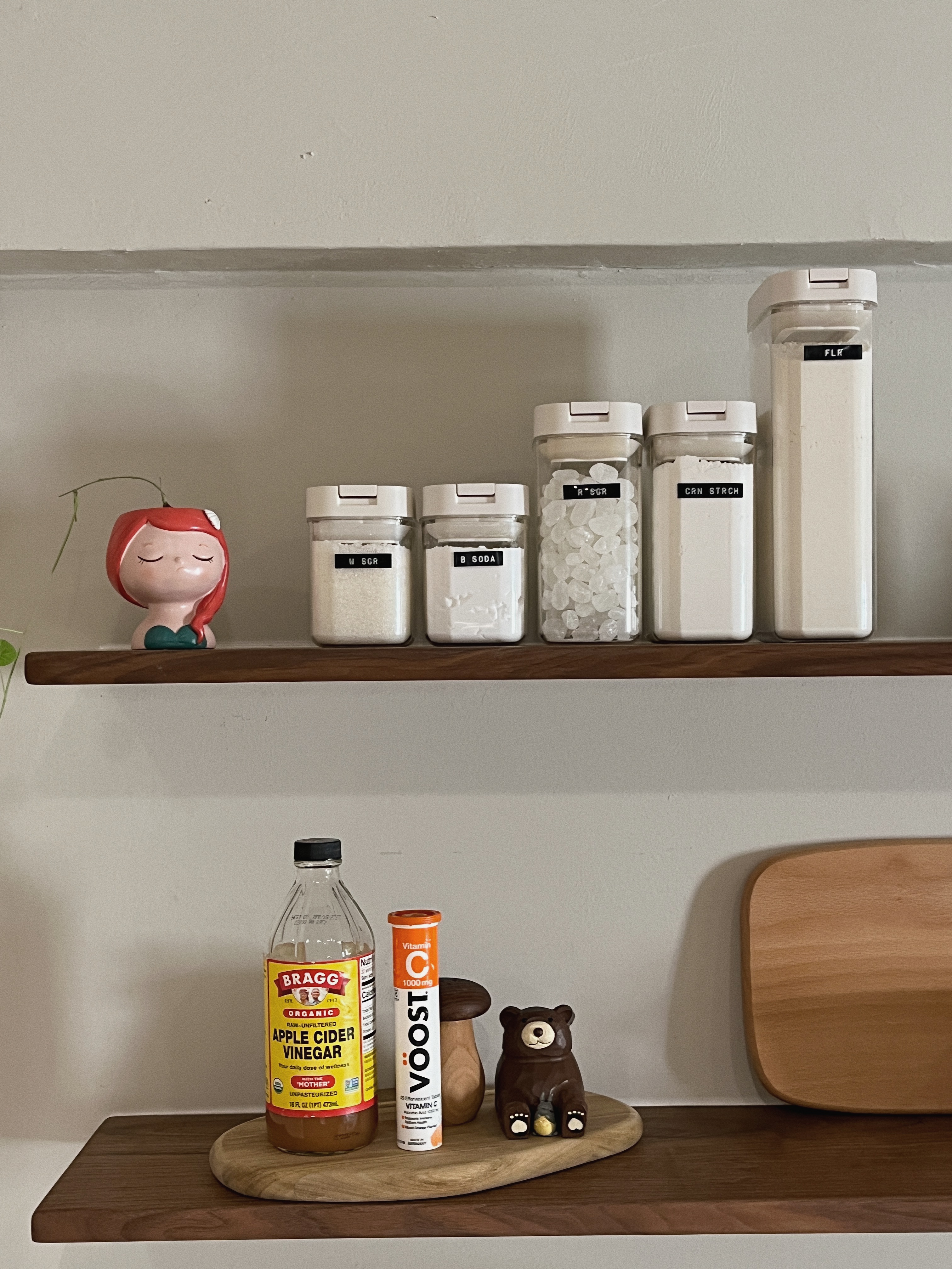 Scandi Kitchen - Keeping it minimal & light - Organic apple cider vinegar, Vitamin C supplement, Bear figurine, Wooden