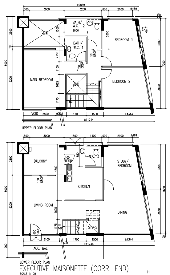 Warm & Cosy HDB Maisonette - Executable Maisonette (Corr. End), Lower Floor Plan, Executive Design, Living Room, Balcony