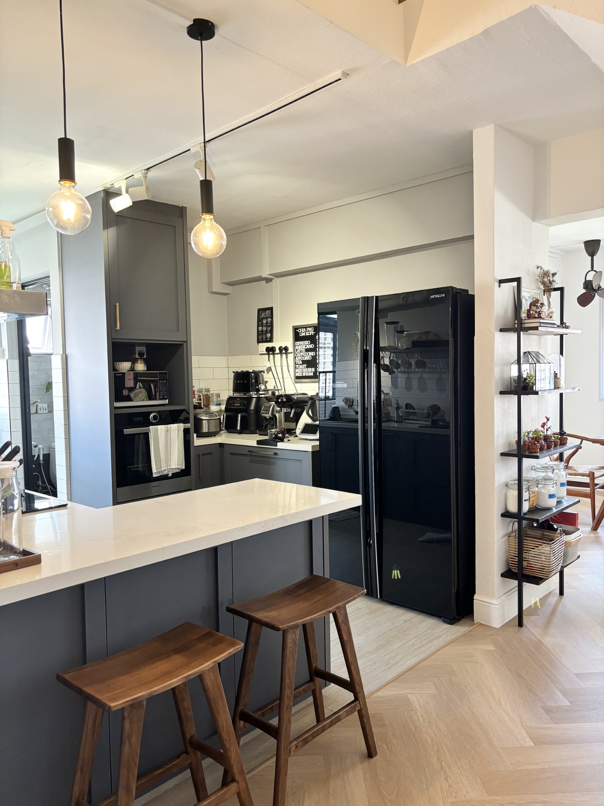 Warm & Cosy HDB Maisonette - modern kitchen, contemporary design, minimalist style, sleek appliances, black and white color