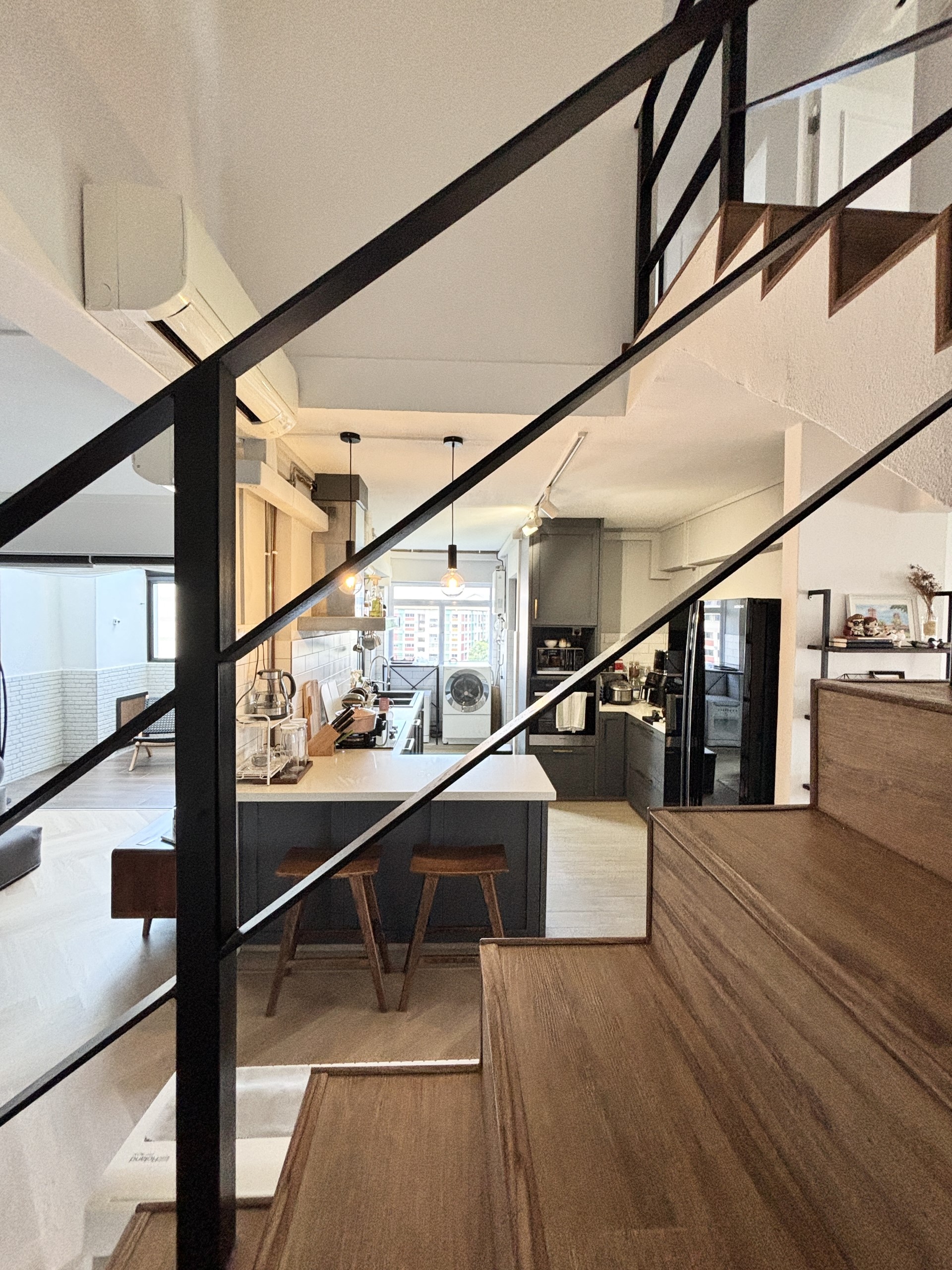 Warm & Cosy HDB Maisonette - modern kitchen and staircase, contemporary design, open floor plan, minimalist decor, wooden