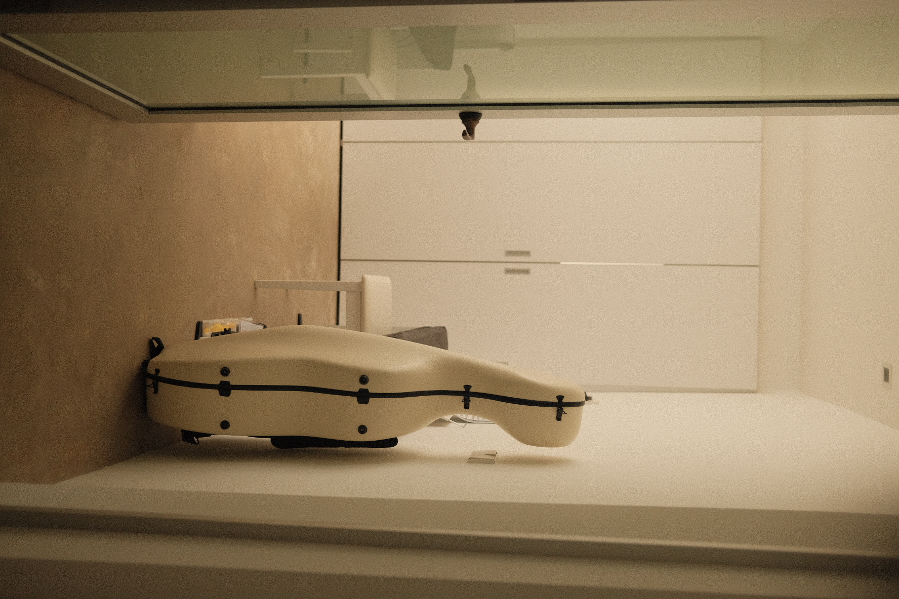 Our 2 person study with a few creative outlets to keep us inspired - Musical instrument, guitar case, white case, minimalist