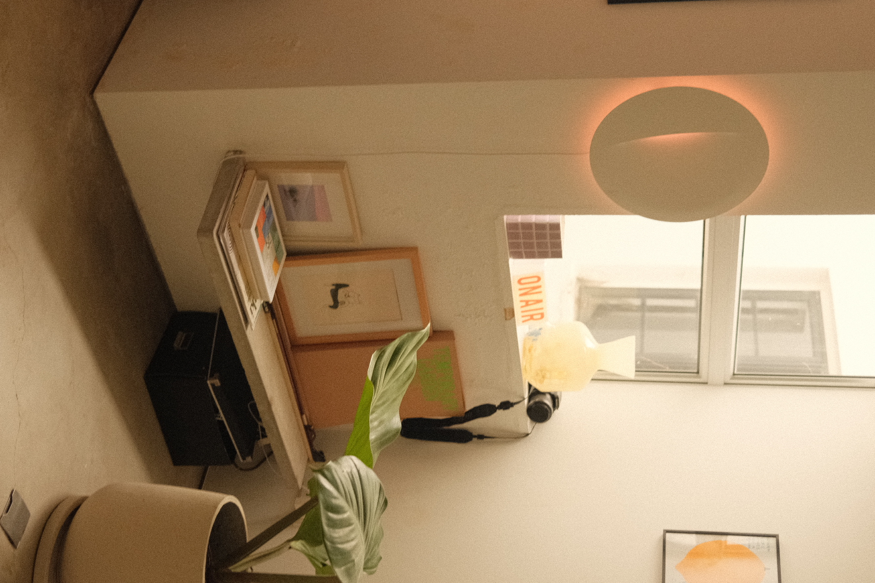 Our cozy corner in an eclectic home - flickering light fixture, framed artwork, plant with large leaves, window with blinds