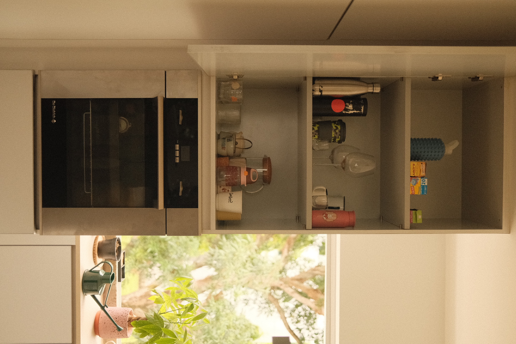 Kitchen Organisation around our Island Kitchen - Kitchen cabinets, open shelves, kitchen appliances, coffee maker, cups