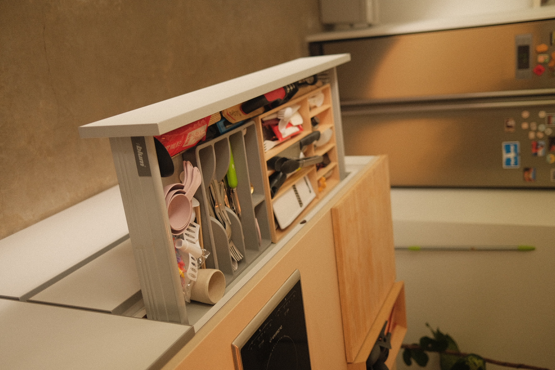 Kitchen Organisation around our Island Kitchen - Kitchen drawer, organized utensils, pink utensils, wooden cabinet
