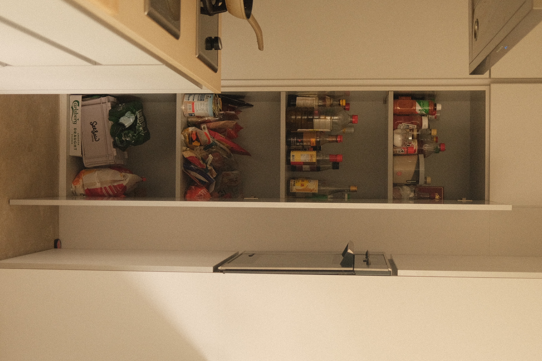 Kitchen Organisation around our Island Kitchen - Glass cabinet, kitchen drawer, open shelf, neatly organized, various items
