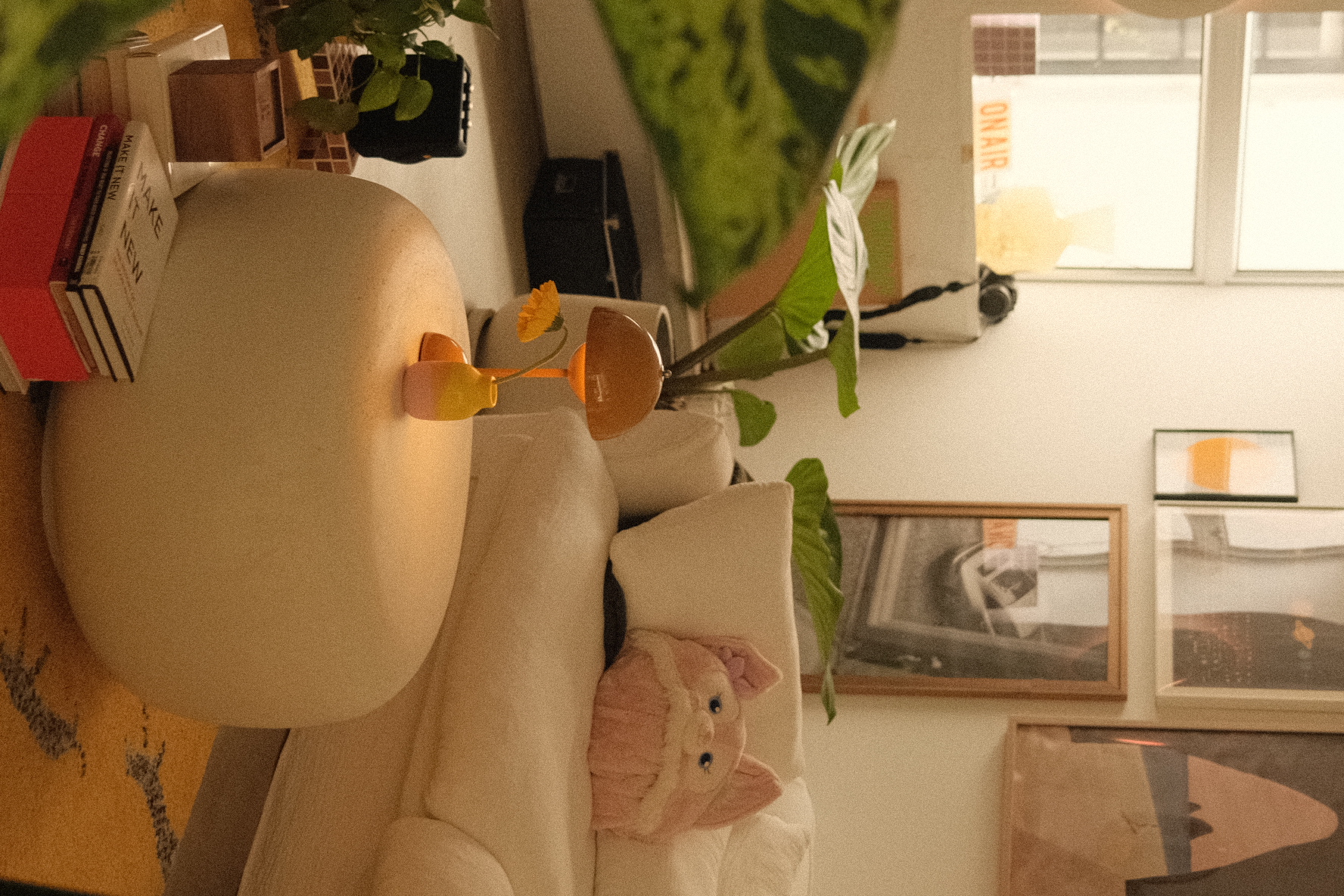 Our thoughts on choosing the right furniture and accessories - Couch with plush toy, orange sunglasses, potted plant, framed