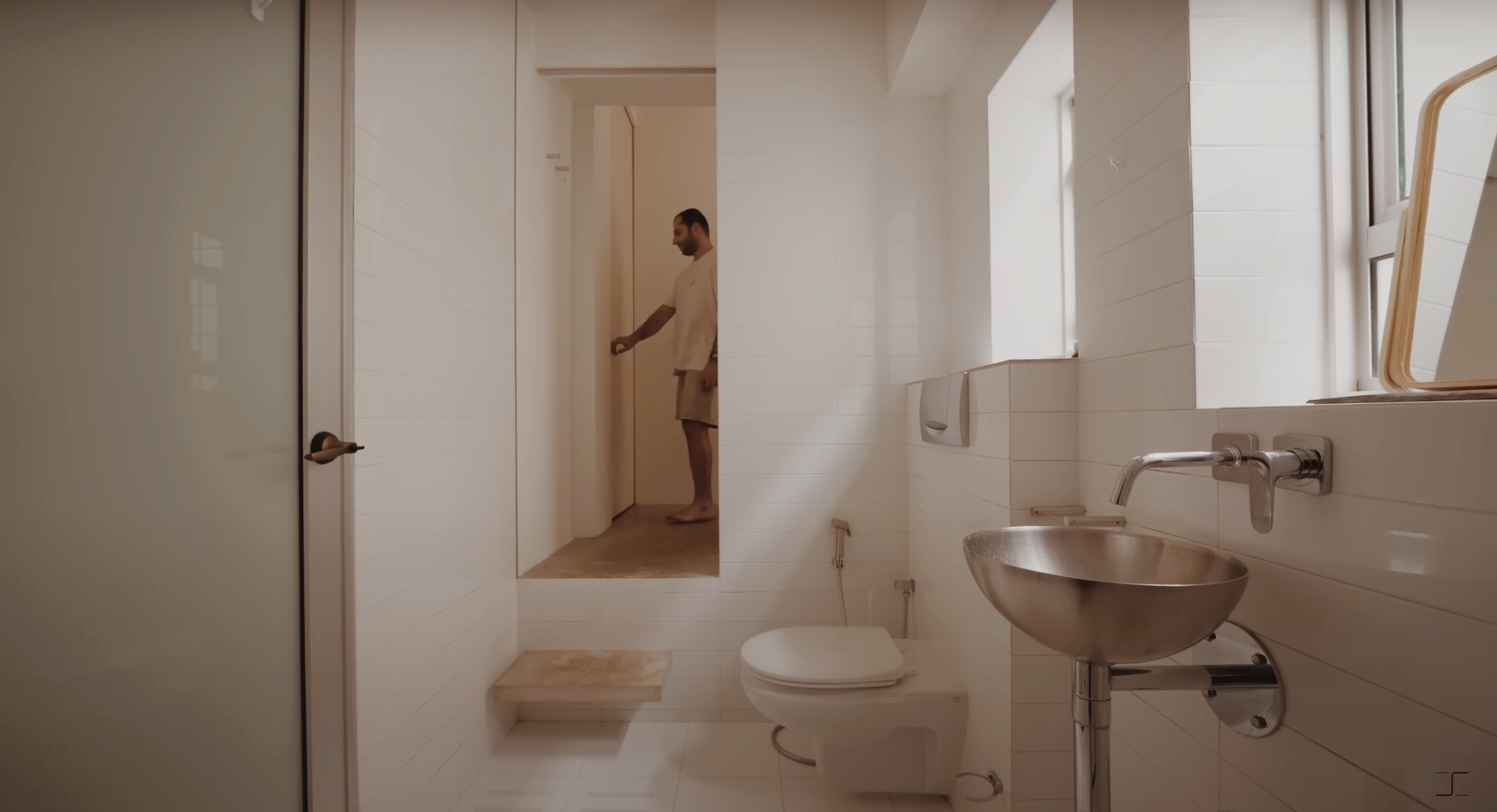Our simple bathroom in a heritage home - Modern bathroom, minimalist design, white tiled walls, large window, wooden step