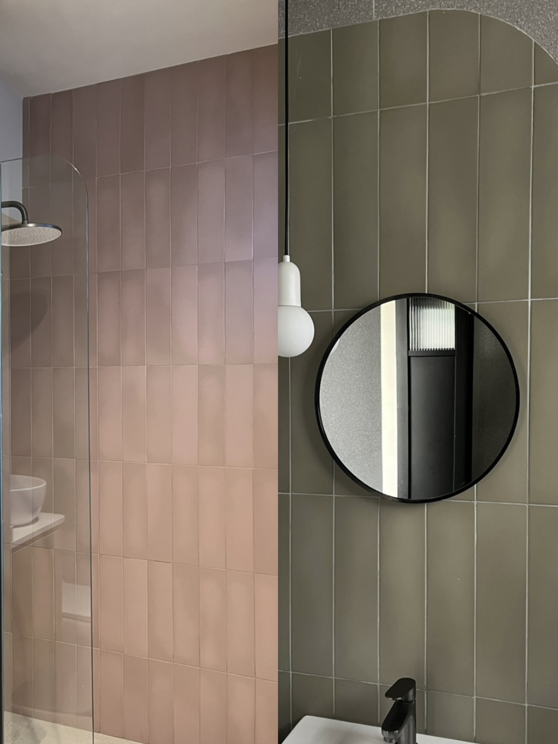 Bathroom - Relaxing Hotel Vibe (Pretty in Pink 🩷) - Modern bathroom design, dual-tone tiled walls, glass shower enclosure