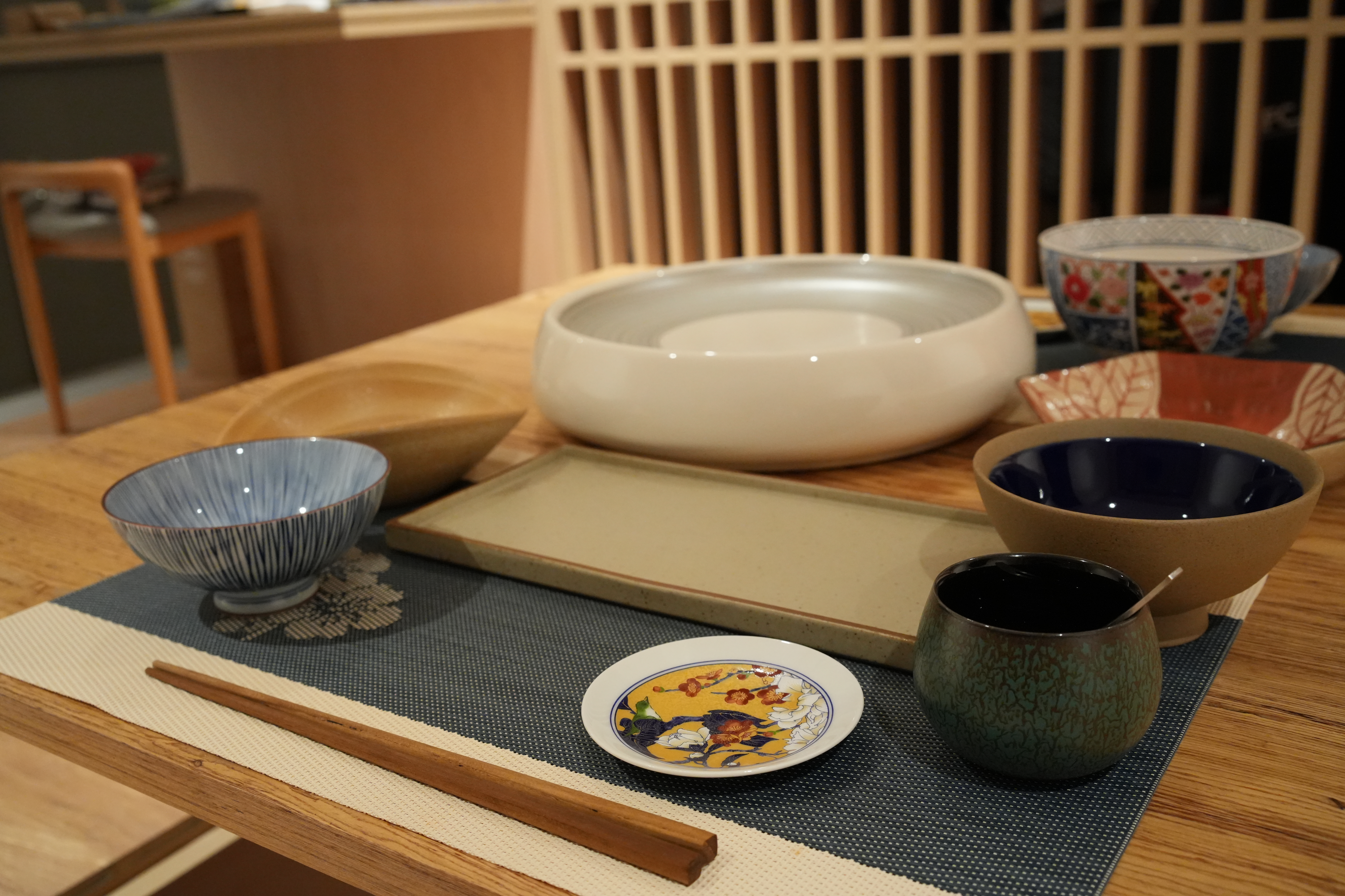 Our Dining Room: Traditional Japanese Washitsu for Modern BTO Living - Japanese tea set, wooden table, traditional bowl, blue