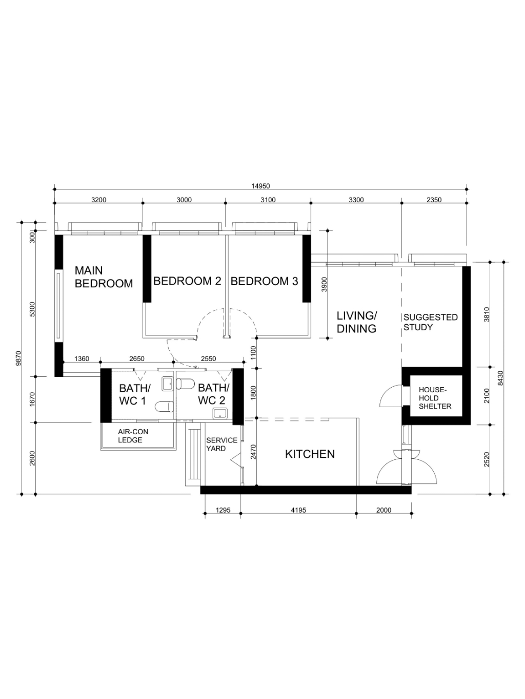 When function meets aesthetics  - Multi-functional living space with three bedrooms and a kitchen, Comprehensive layout for a