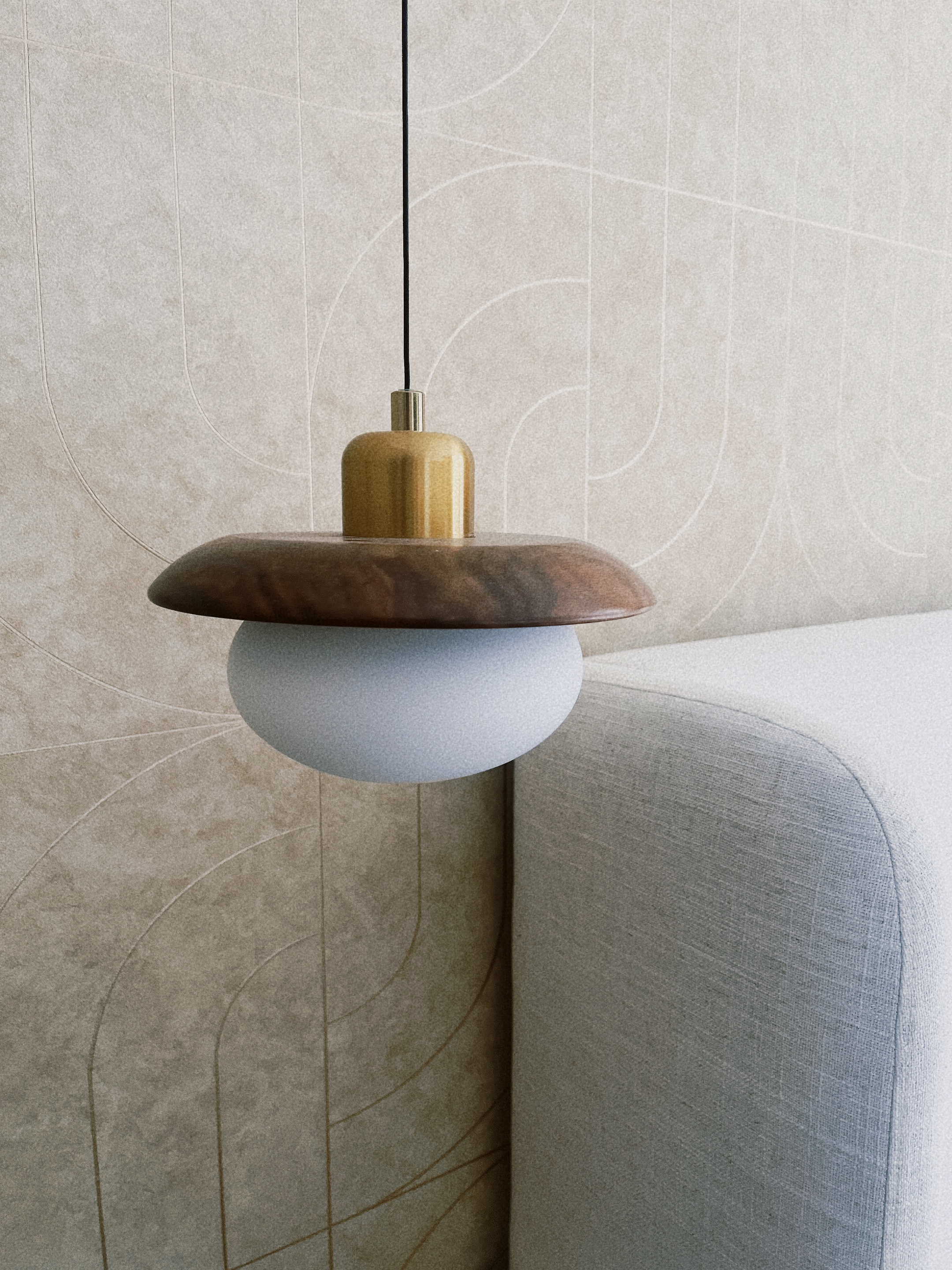 Our WIP 2+S Home - modern pendant light, abstract wall art, minimalist design, geometric patterns, wooden base, white