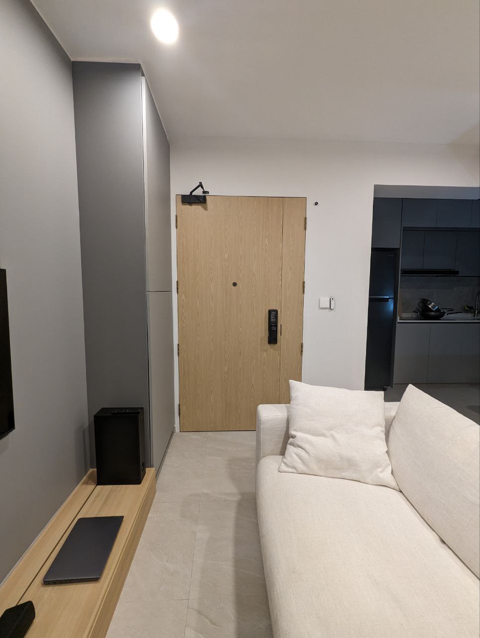 Entryway to our hearts - Wooden door, modern living room, minimalist design, light-colored sofa, black speaker, sleek
