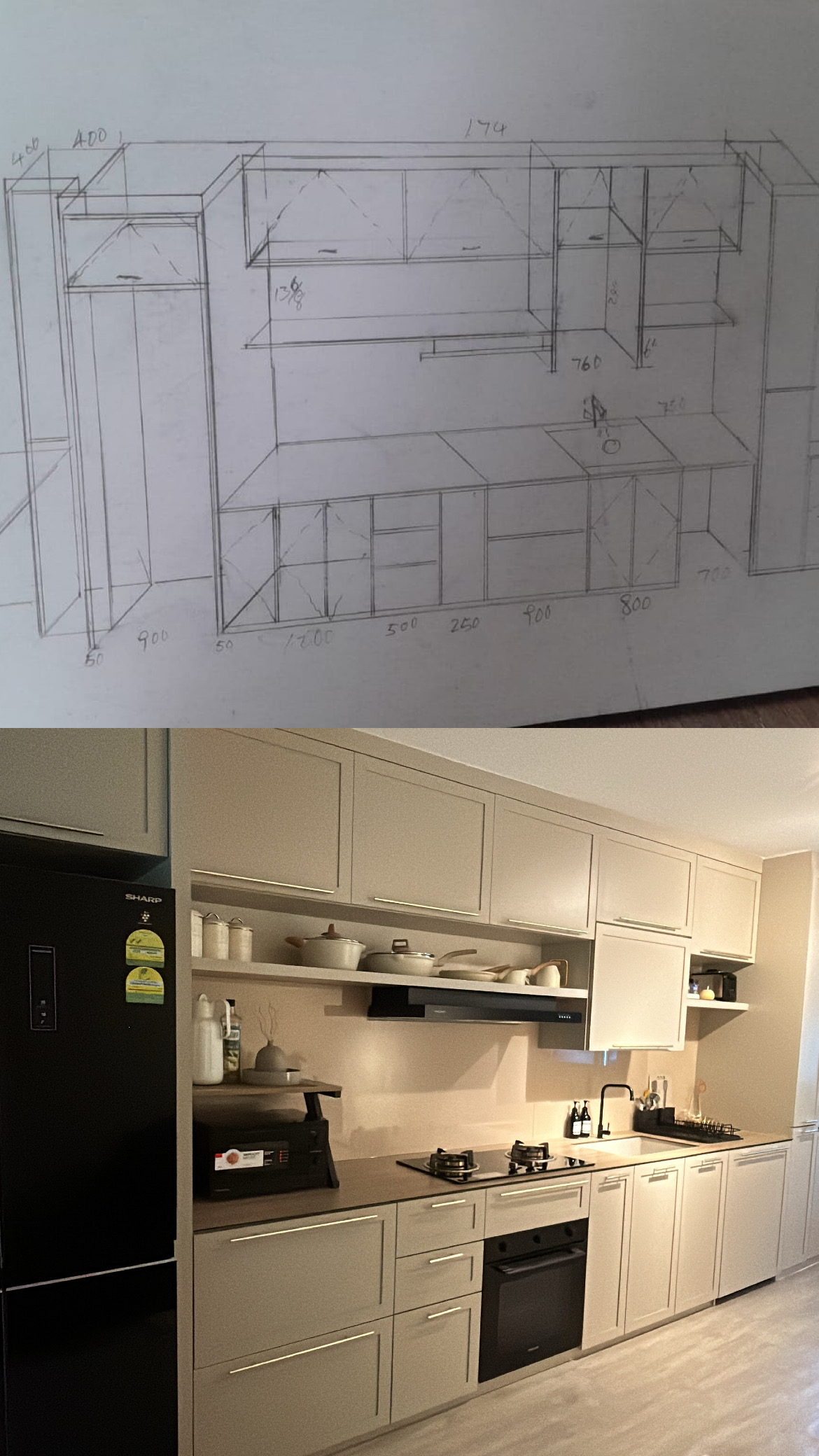 Renders Vs Reality - Kitchen design sketch, kitchen layout, kitchen cabinets, kitchen countertops, kitchen island, kitchen