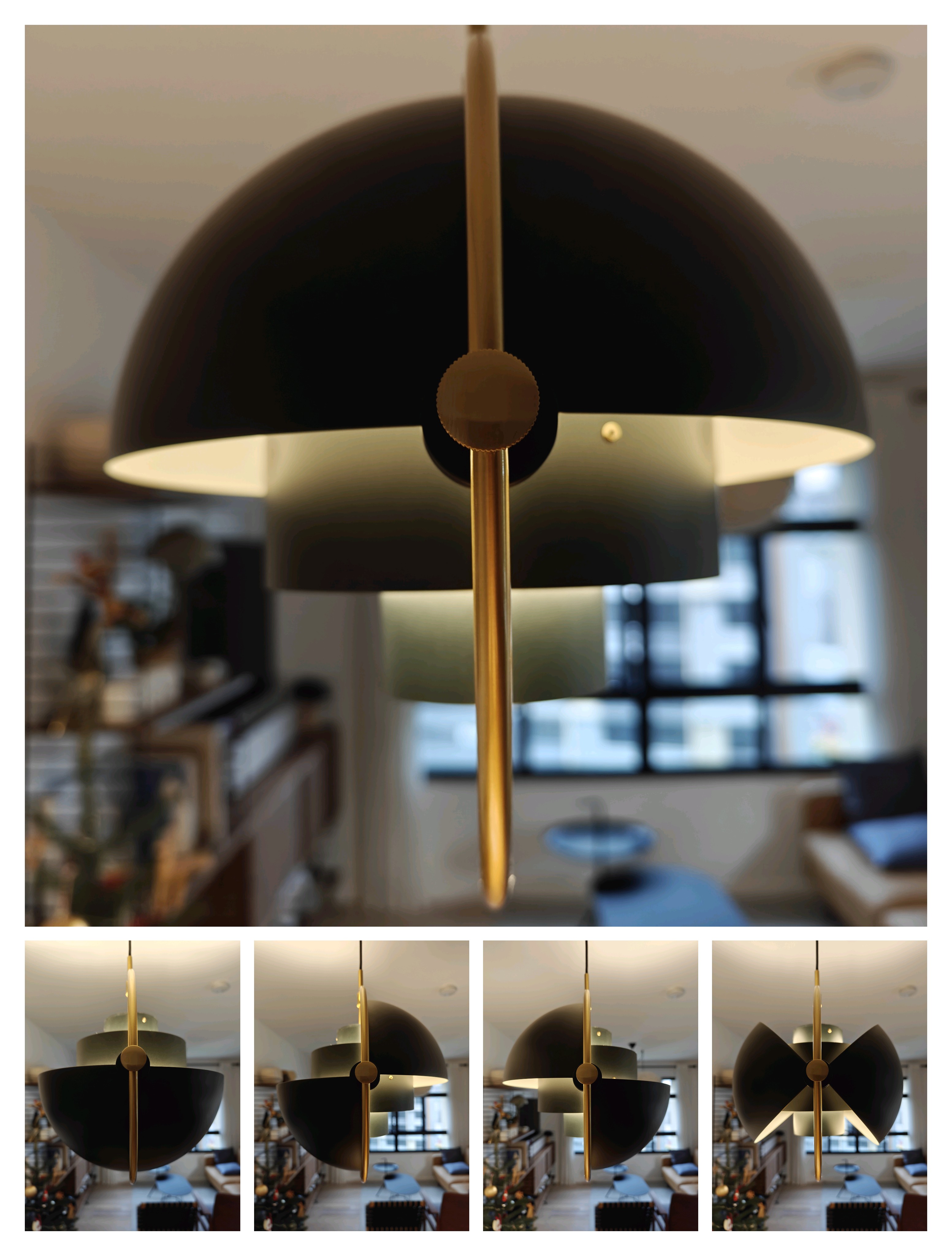 Eat Drink Man Woman - Modern pendant light fixture, sleek design, gold accents, minimalist style, sophisticated ambiance