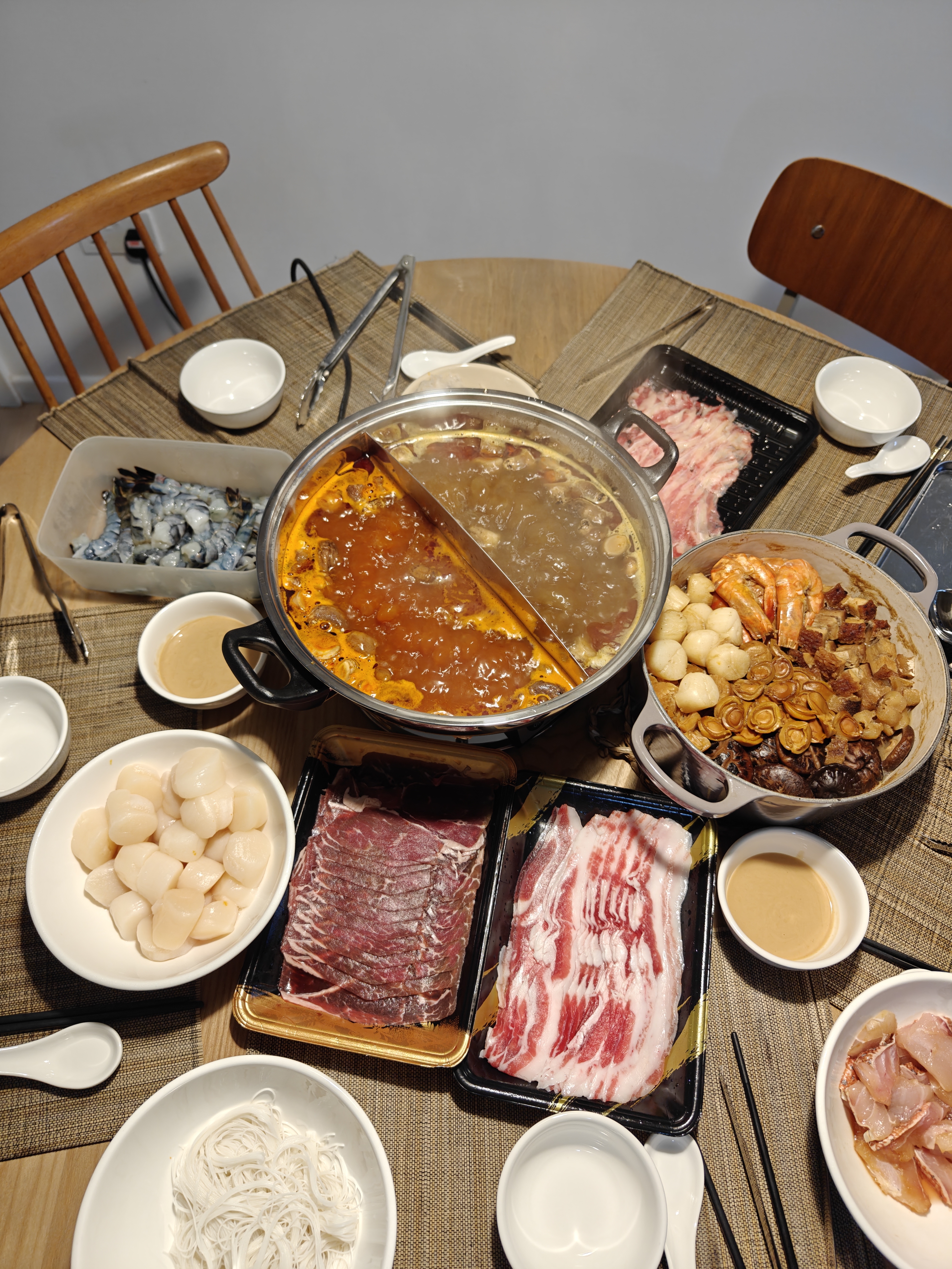 Eat Drink Man Woman - Grilled shrimp, sliced pork, steamed bok choy, white rice, white noodles, sliced shrimp, white