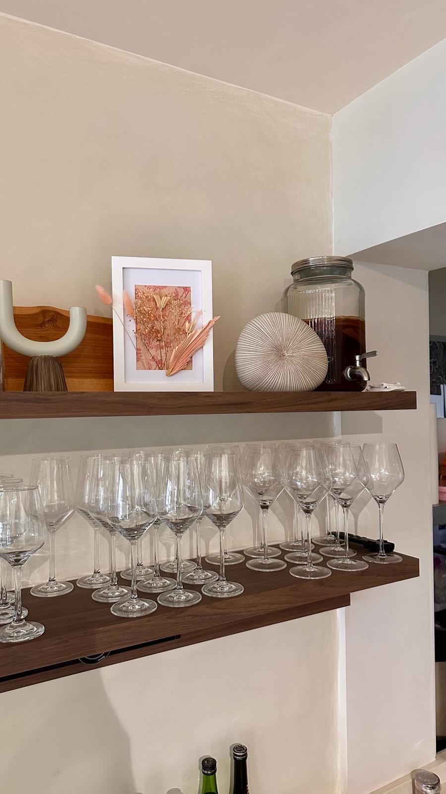 Wabi-Sabi home designed by Chefs to host Private Dinners - wine glasses, empty wine glasses, wine rack, wine glasses on