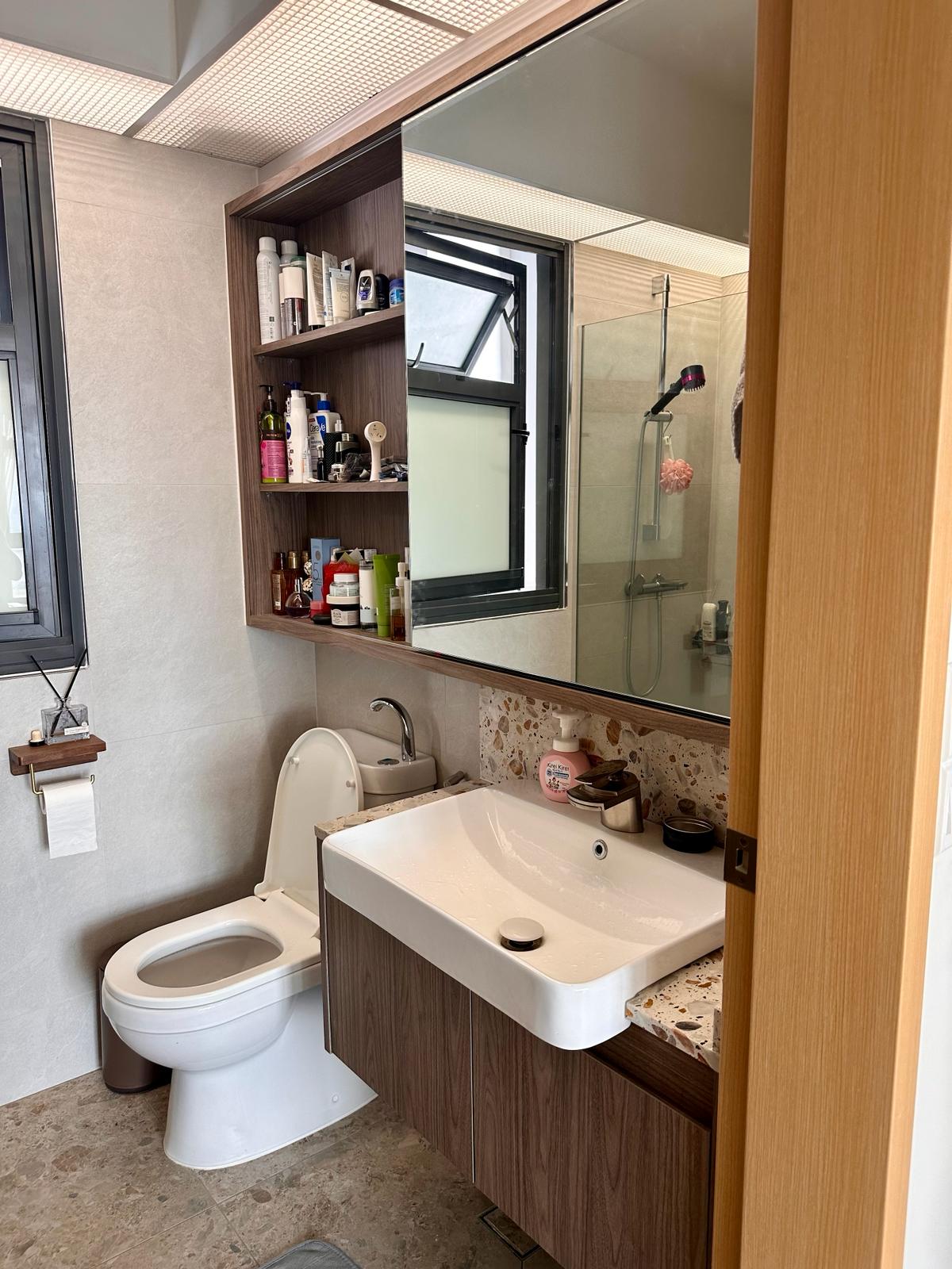 Wabi-Sabi home designed by Chefs to host Private Dinners - Wooden cabinet, bathroom vanity, white toilet, wooden shelf