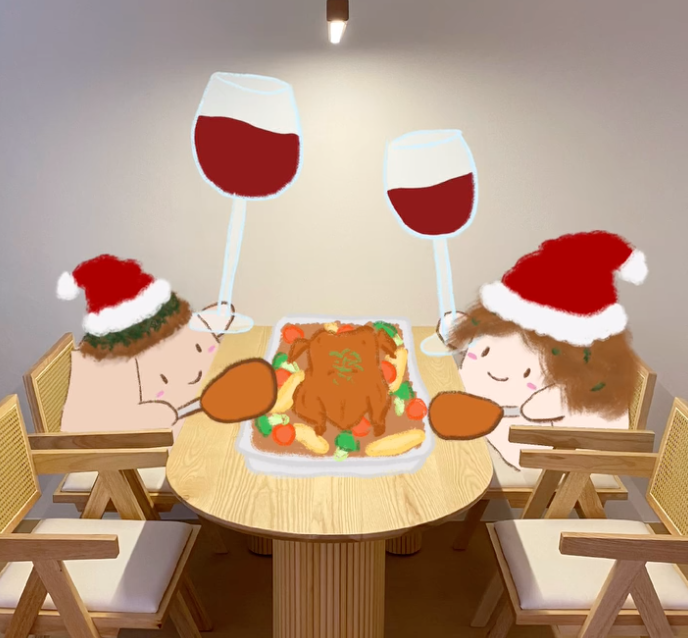 Dine with the tofus! 🍽️🥂 - Cartoon characters wearing Santa hats sit around a wooden dining table, A large roasted turkey
