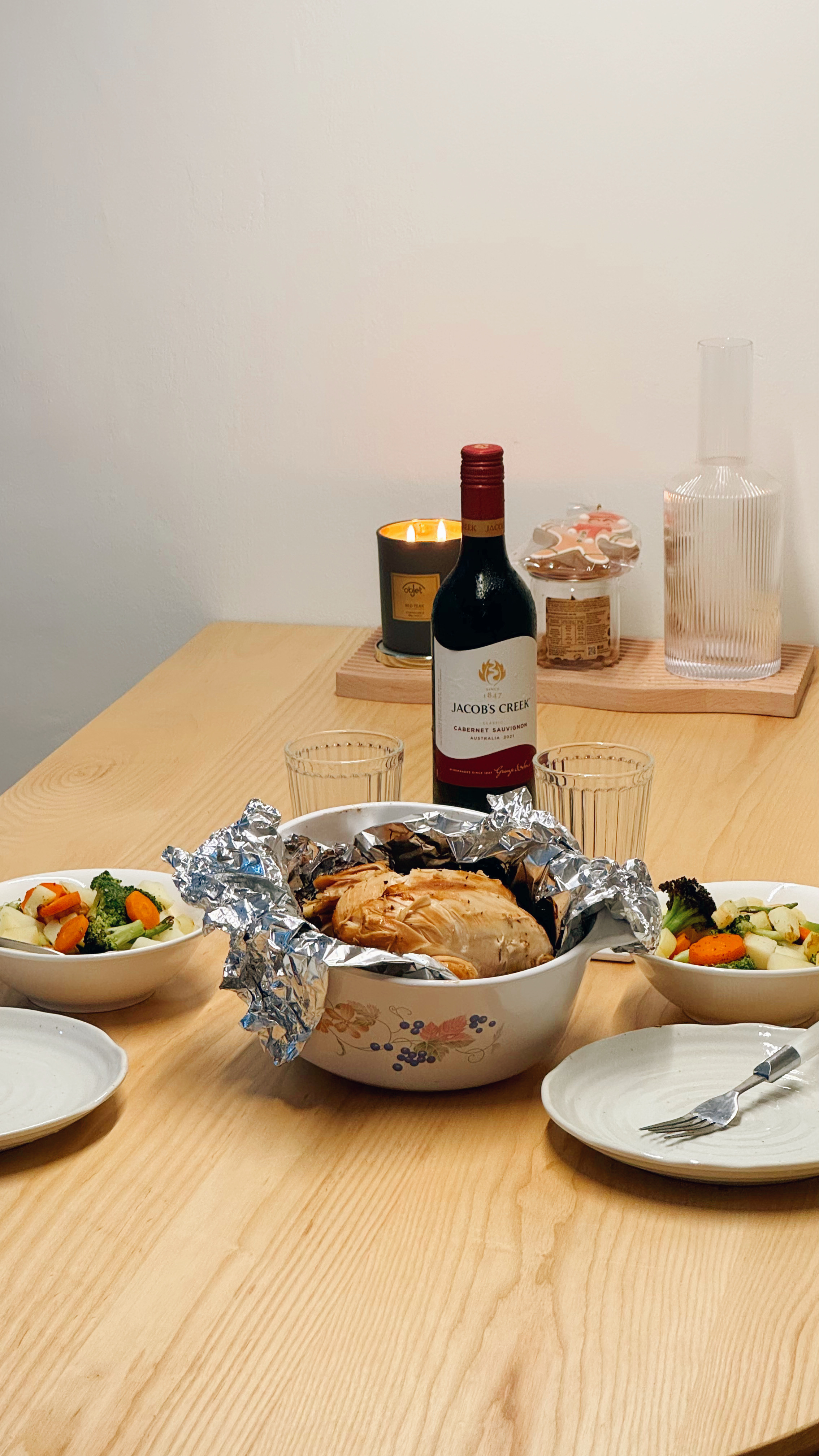 Dine with the tofus! 🍽️🥂 - wooden dining table, food set, roasted chicken, salad, wine bottle, candle, glass, fork, plate