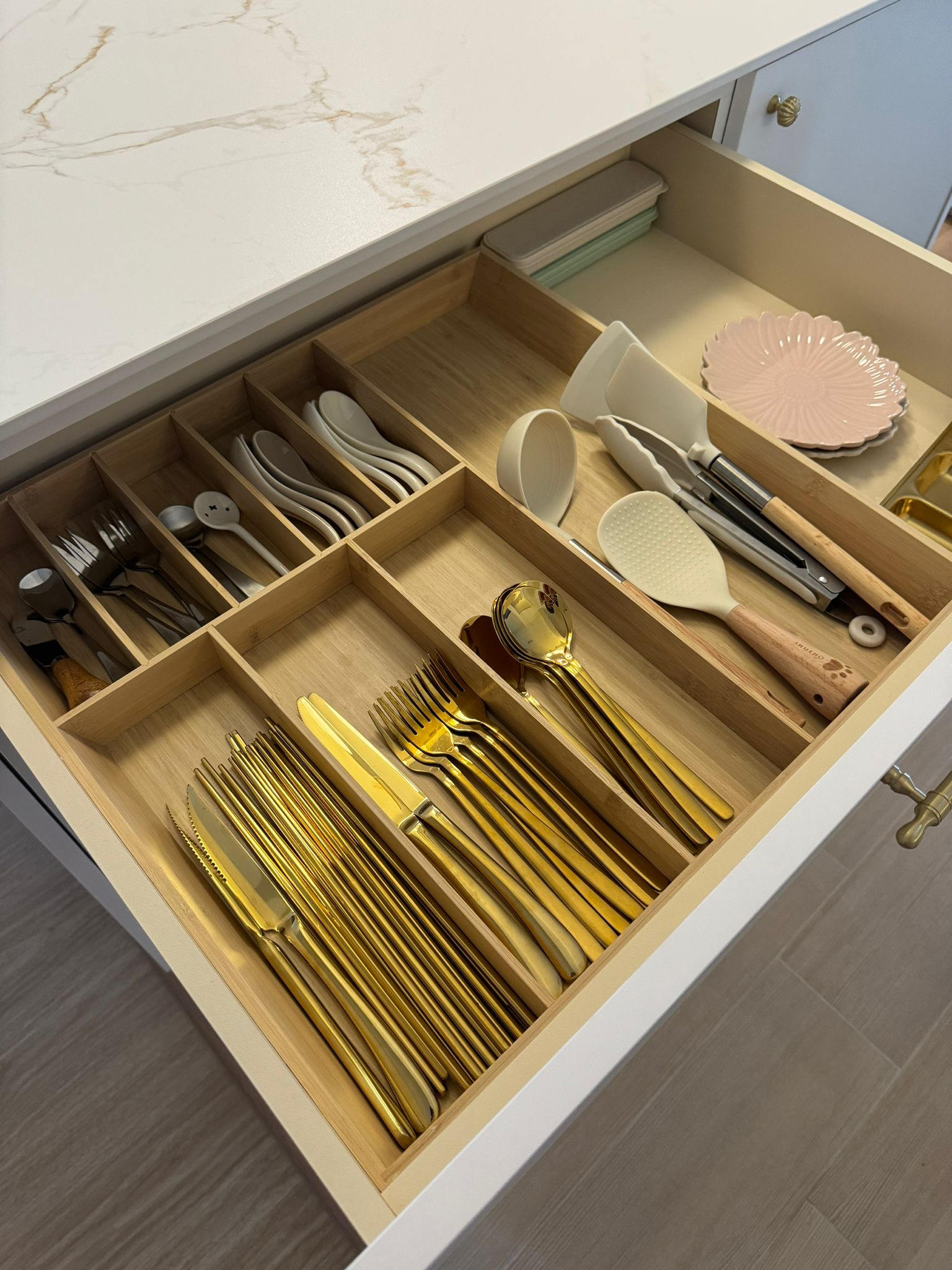 Dining Space: Modern luxury marble dining table connect with island