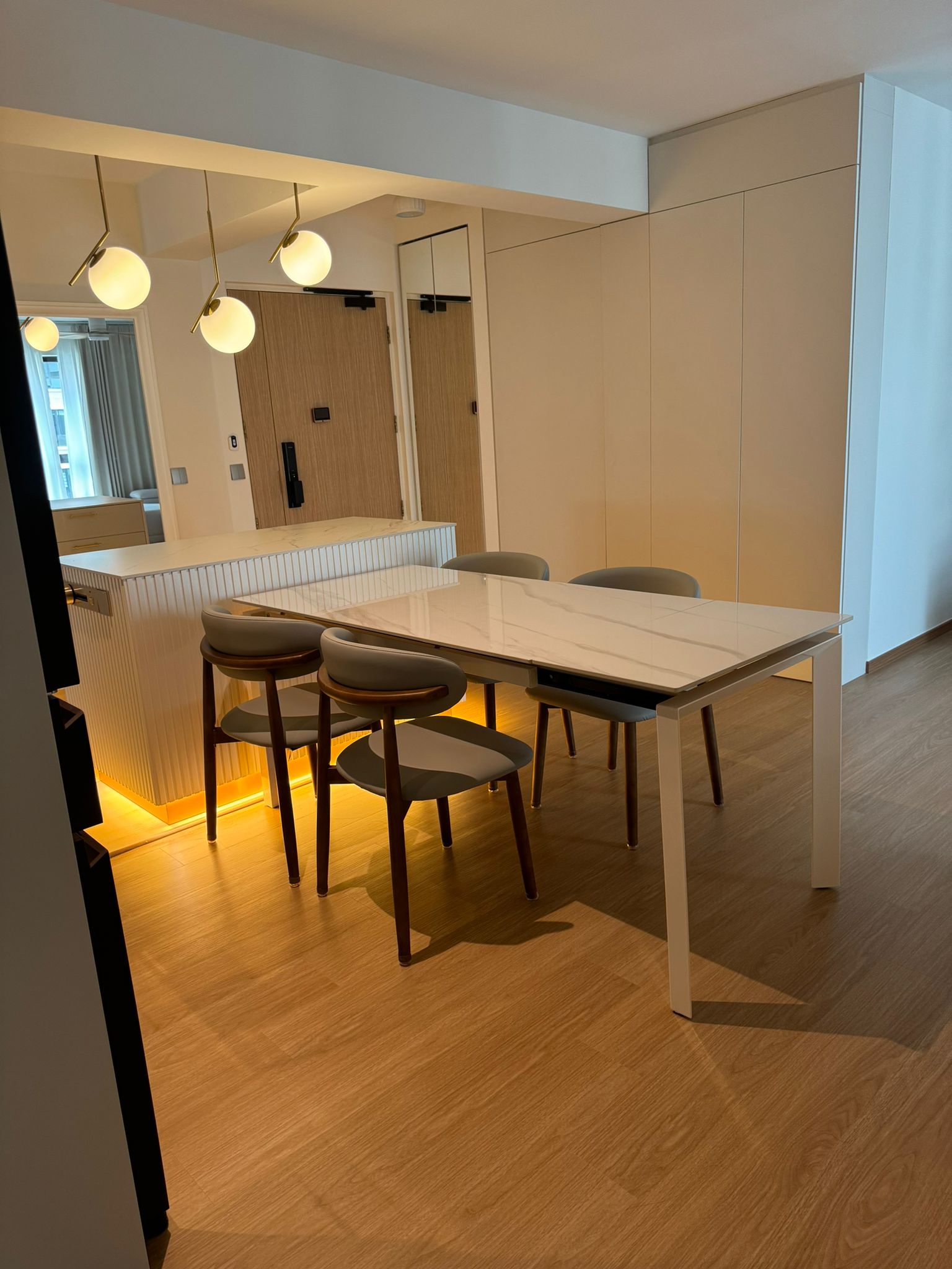 Dining Space: Modern luxury marble dining table connect with island