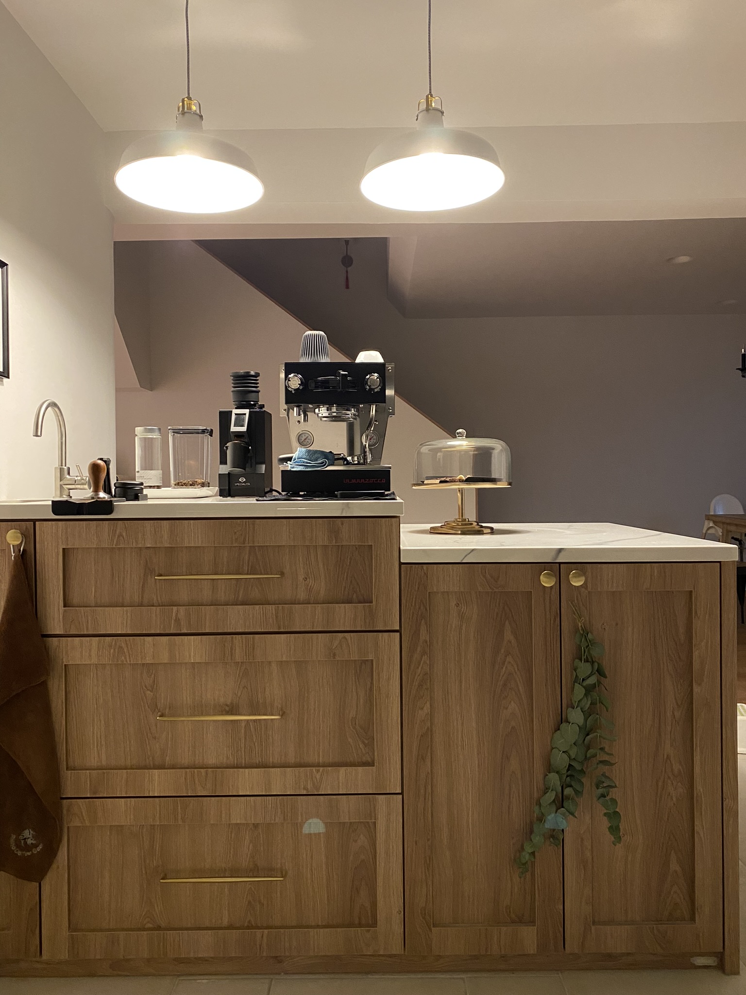 A Modern Farmhouse - Wooden kitchen cabinetry, modern design, sleek appliances, coffee machine, glass container, pendant