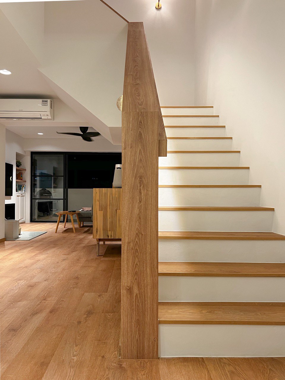 A Modern Farmhouse - Wooden staircase, modern interior, minimalist design, wooden paneling, natural wood finish, light wooden