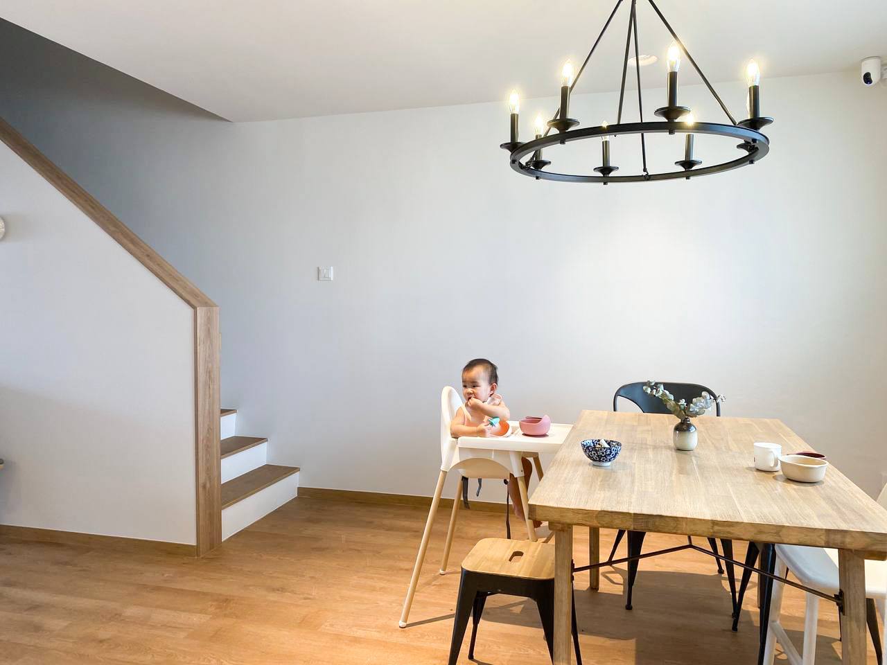 A modern farmhouse dining area - where we come together - modern dining room, minimalist design, wooden dining table, baby in