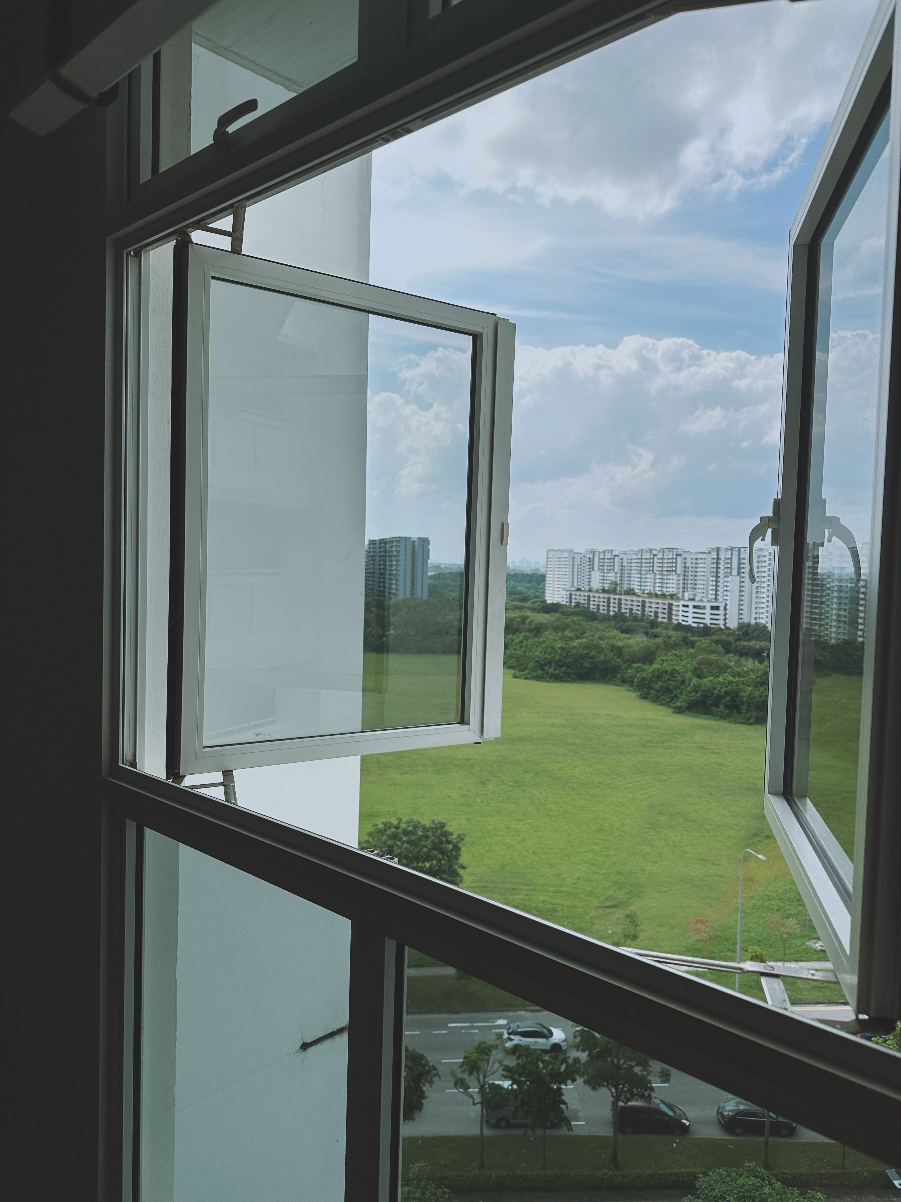 "You can always count on tables to bring people together"  - Modern urban view, large windows, cityscape, tall buildings