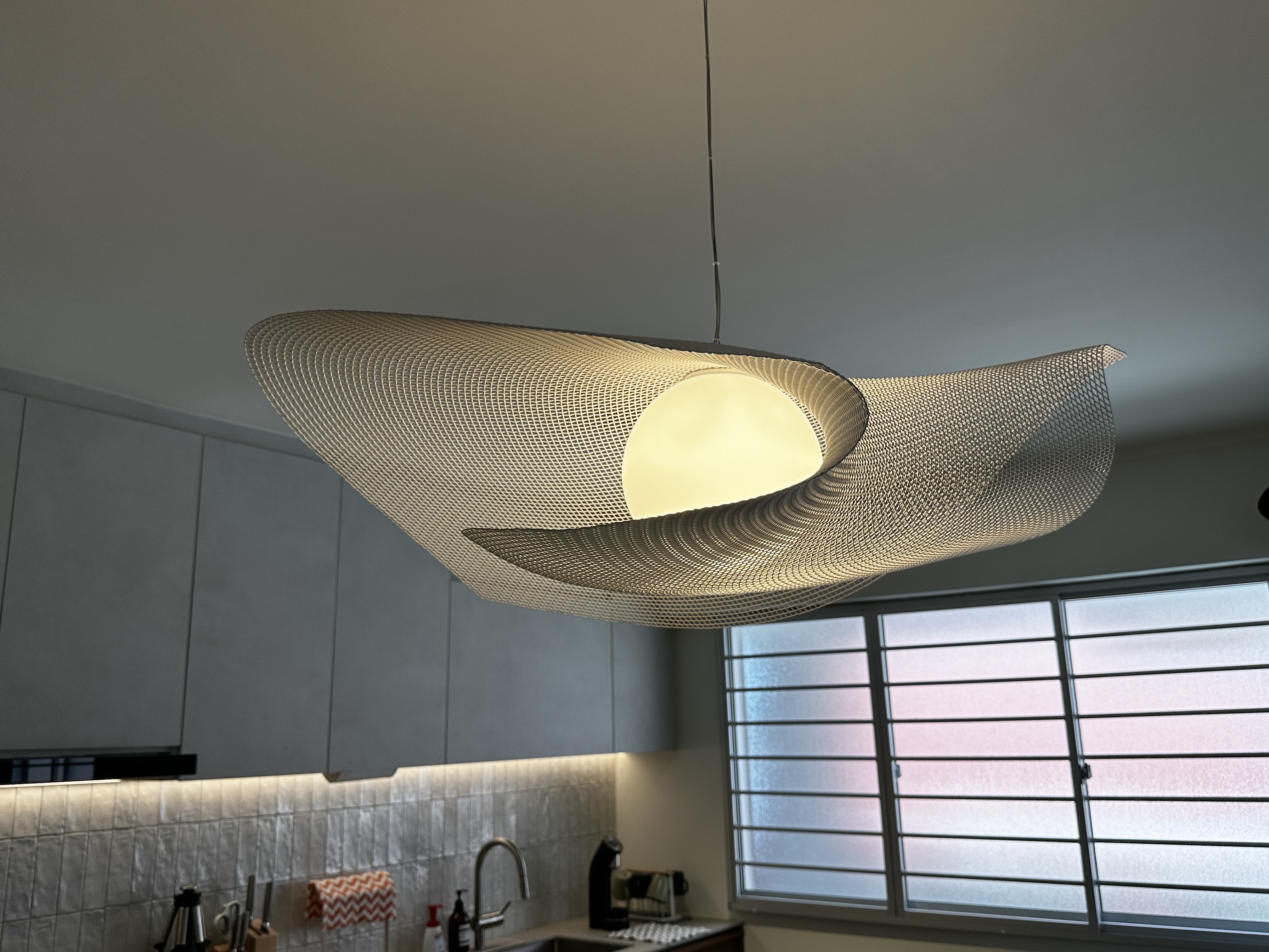 Our Dining Room: Japandi style with raw details - Modern kitchen, contemporary design, abstract light fixture, sleek ceiling