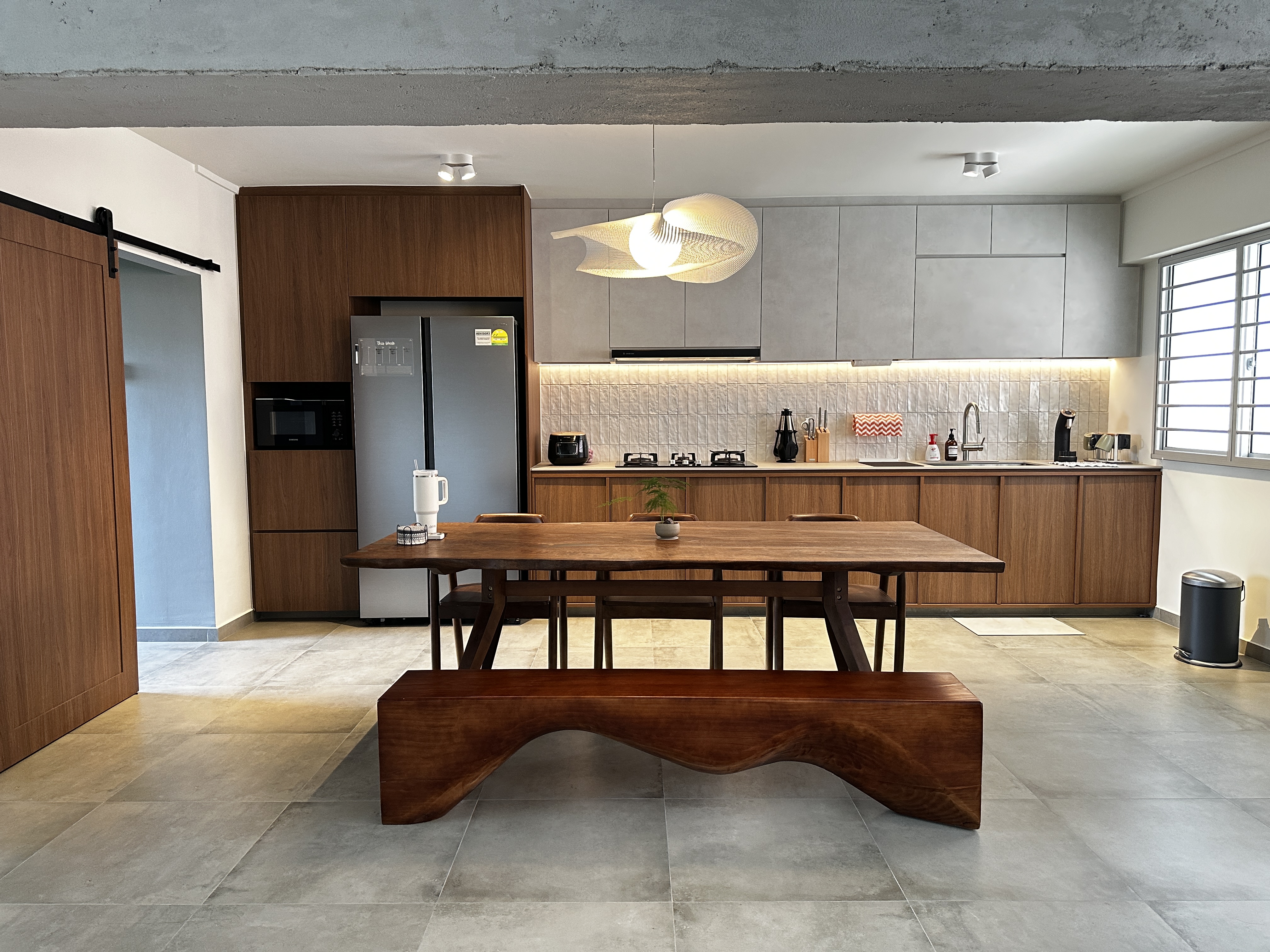 Our Dining Room: Japandi style with raw details - Modern kitchen with sleek design, wooden cabinets, stainless steel