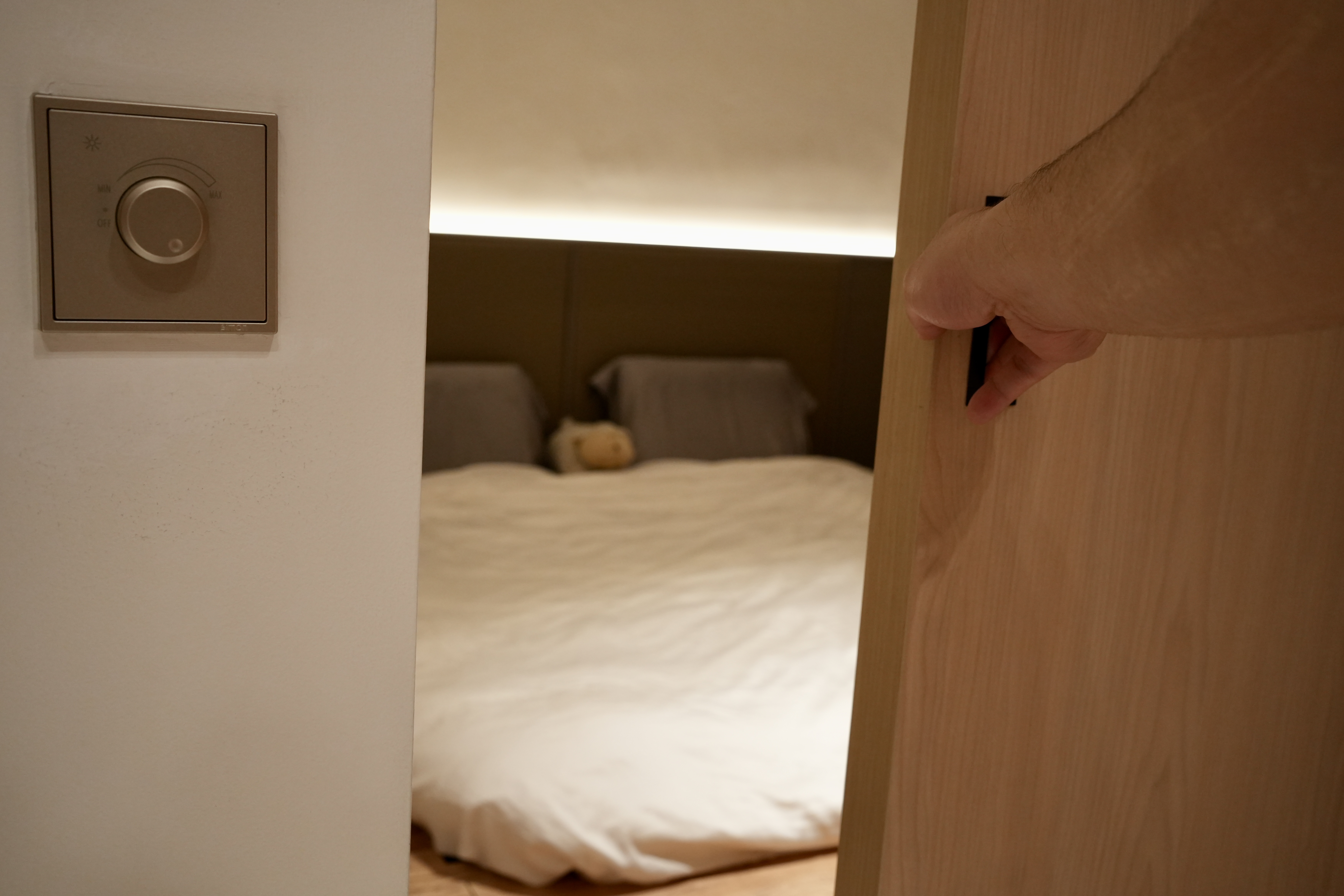 Our Bedroom: Zen from a Modern Japanese Perspective - Light switch, bedroom, wooden door, person's hand, light brown wood