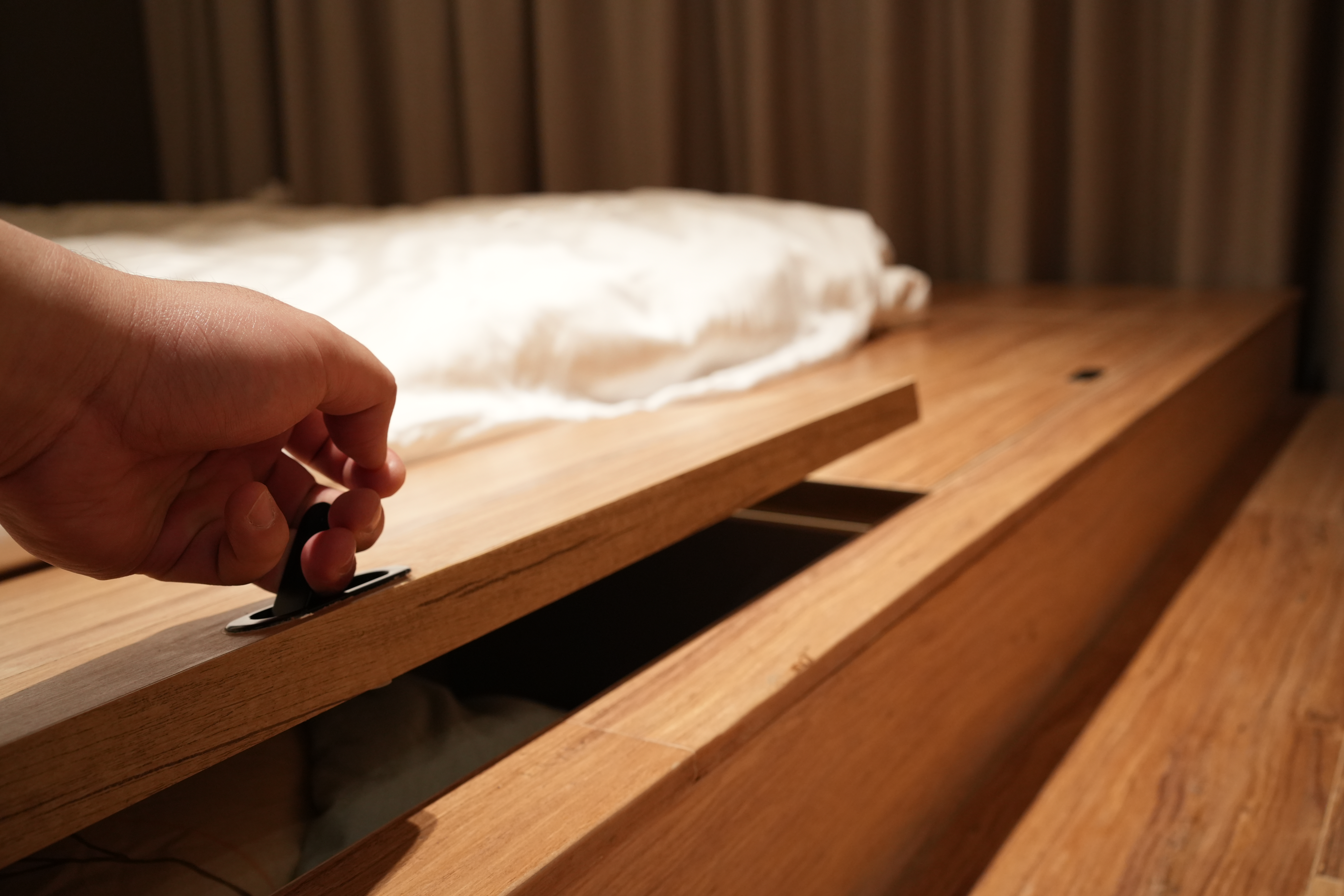 Our Bedroom: Zen from a Modern Japanese Perspective - Wooden drawer, hand adjusting knob, wooden furniture, bedside table