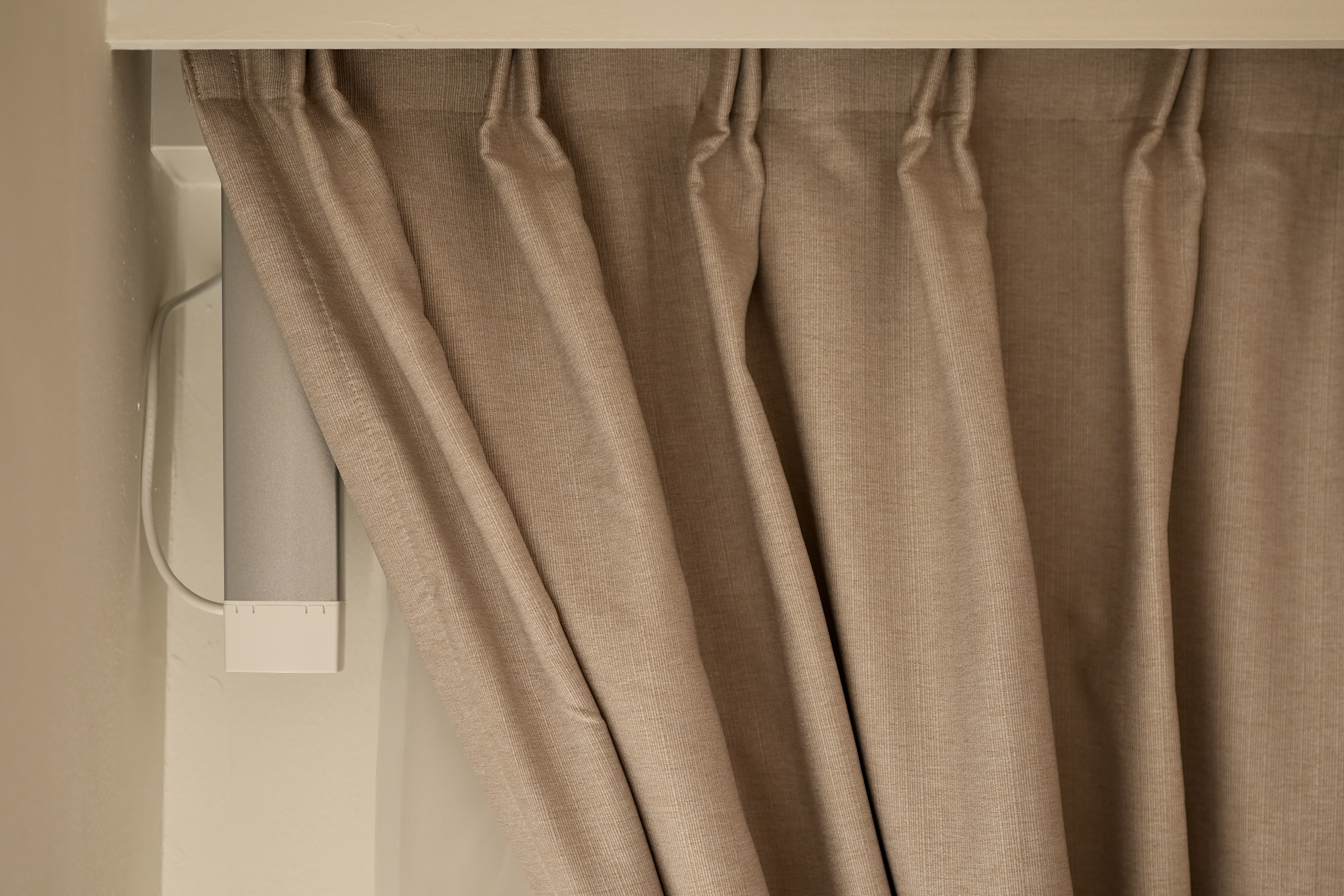 Our Bedroom: Zen from a Modern Japanese Perspective - Bare curtain, beige fabric, textured material, soft lighting, natural