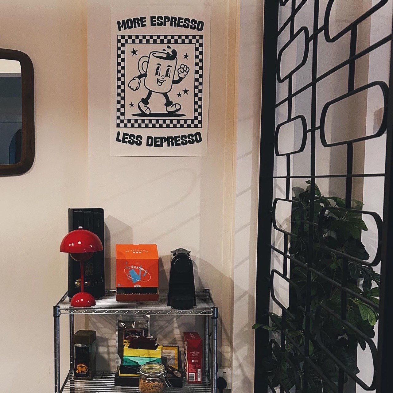 Hostess with the Mostest: dining area where we love to host! - Espresso-themed decor, coffee station, wall art, "More