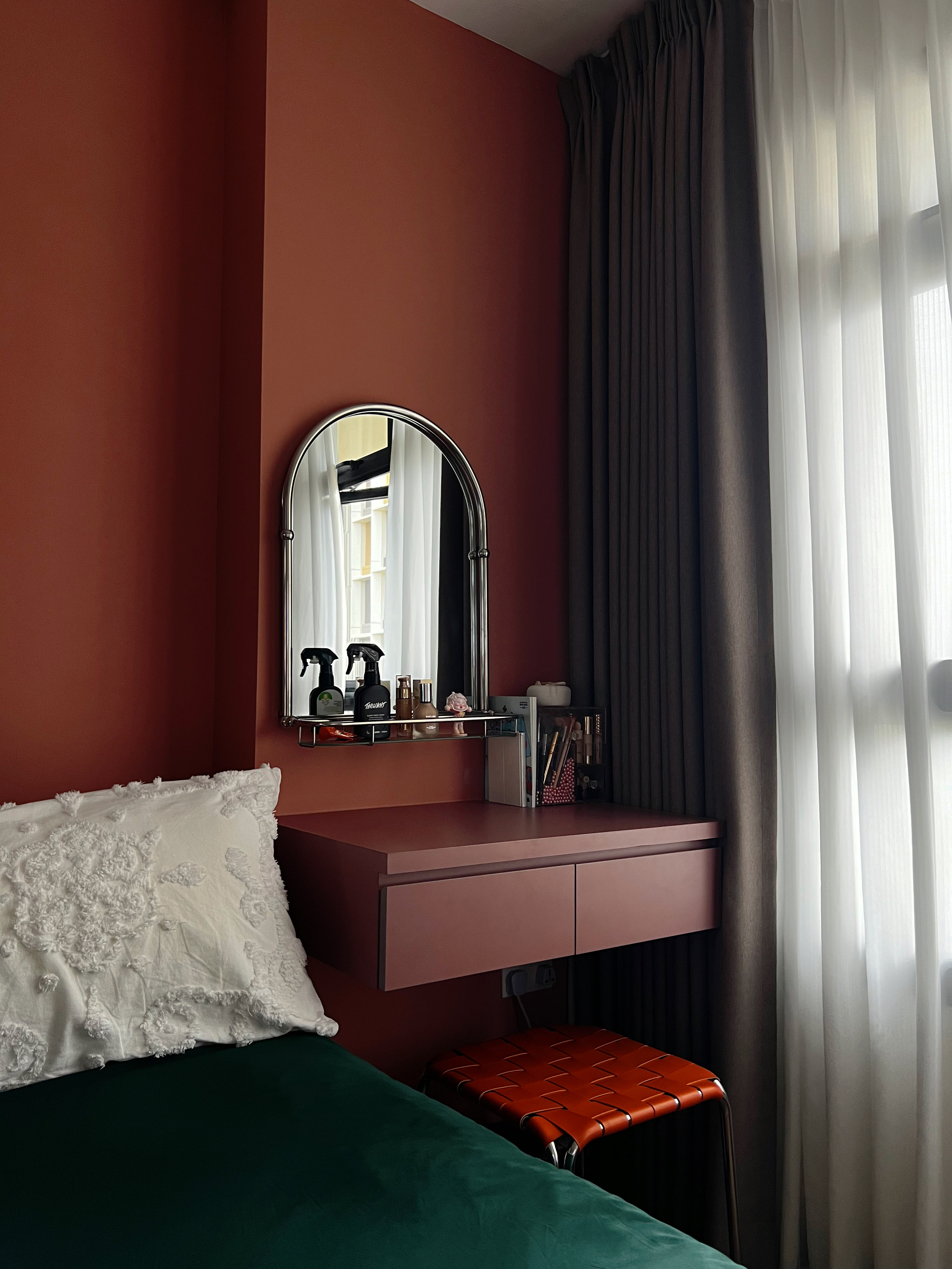 Our bedroom: A cosy escape into slumber  - Red and brown color scheme, mirror reflection, white and black objects, brown