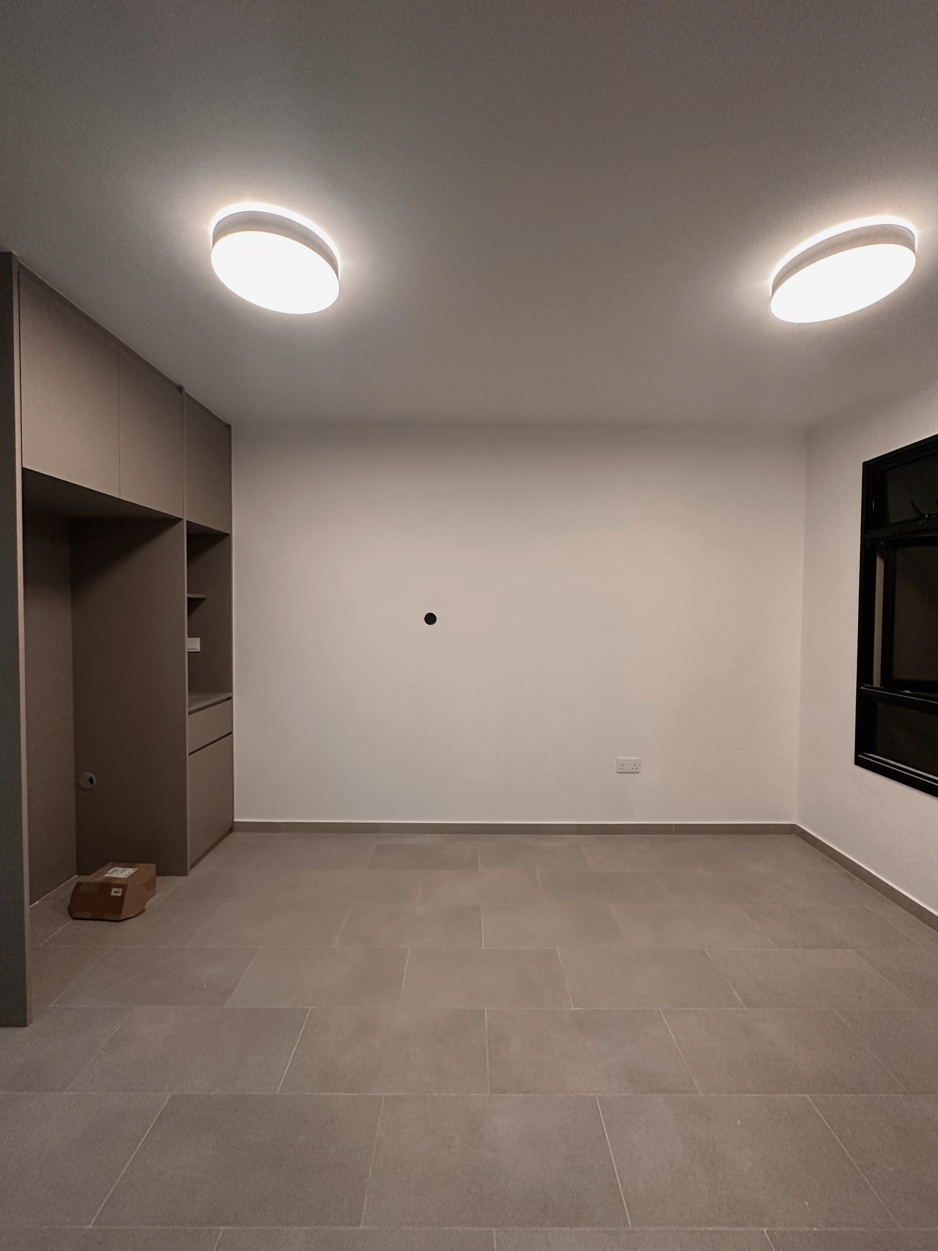 Dining Area: Sketch vs Reality - Modern minimalist room, spacious interior, neutral color palette, tiled floor, built-in