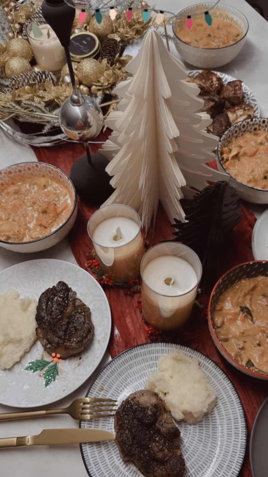 Our Dining Space: Where the Cook and Guests Unite - Christmas table, festive tablecloth, gold and white decorations, paper