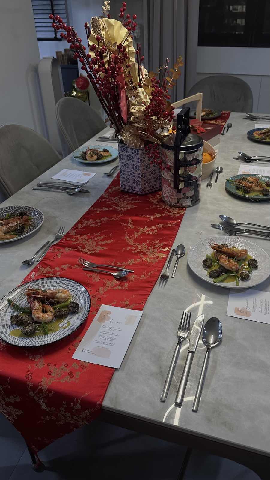 Our Dining Space: Where the Cook and Guests Unite - Red and gold table runner, elegant dining table, intricate floral