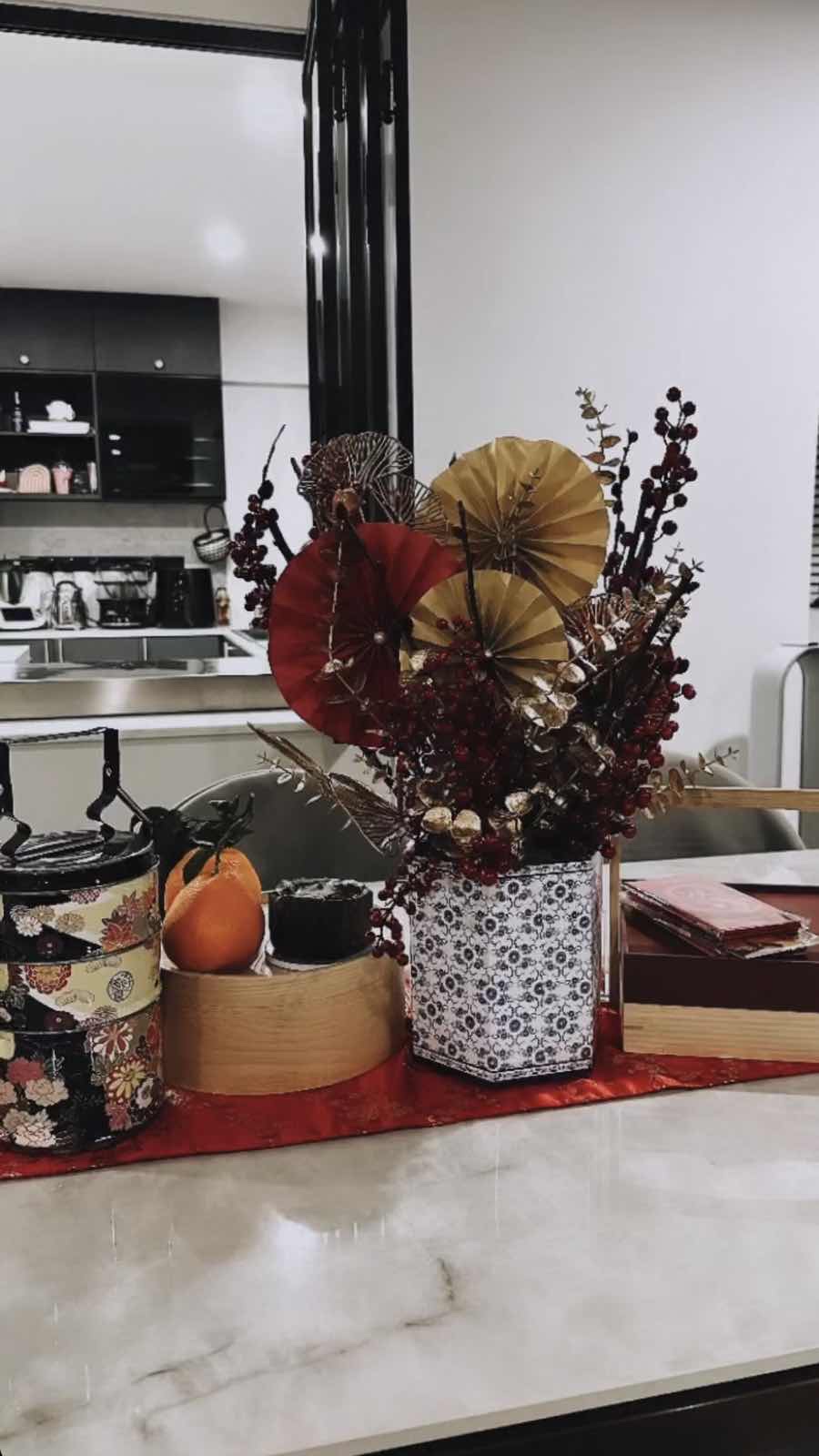 Our Dining Space: Where the Cook and Guests Unite - vibrant autumn floral arrangement, modern kitchen decor, artistic paper