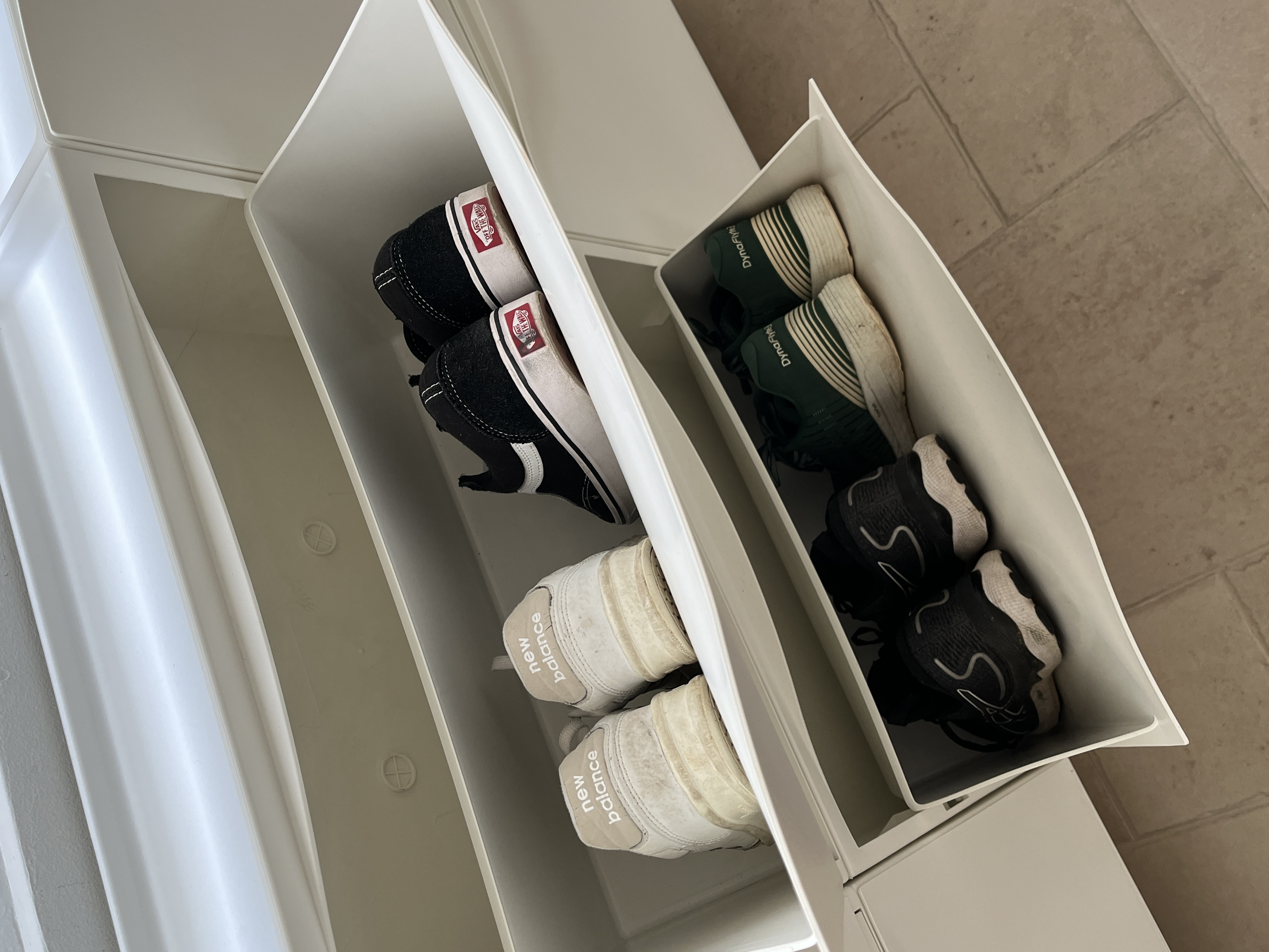 Entryway - Clean & Simple - white shoe storage, neatly organized shoes, white shoe drawer, white shoe compartments, clean