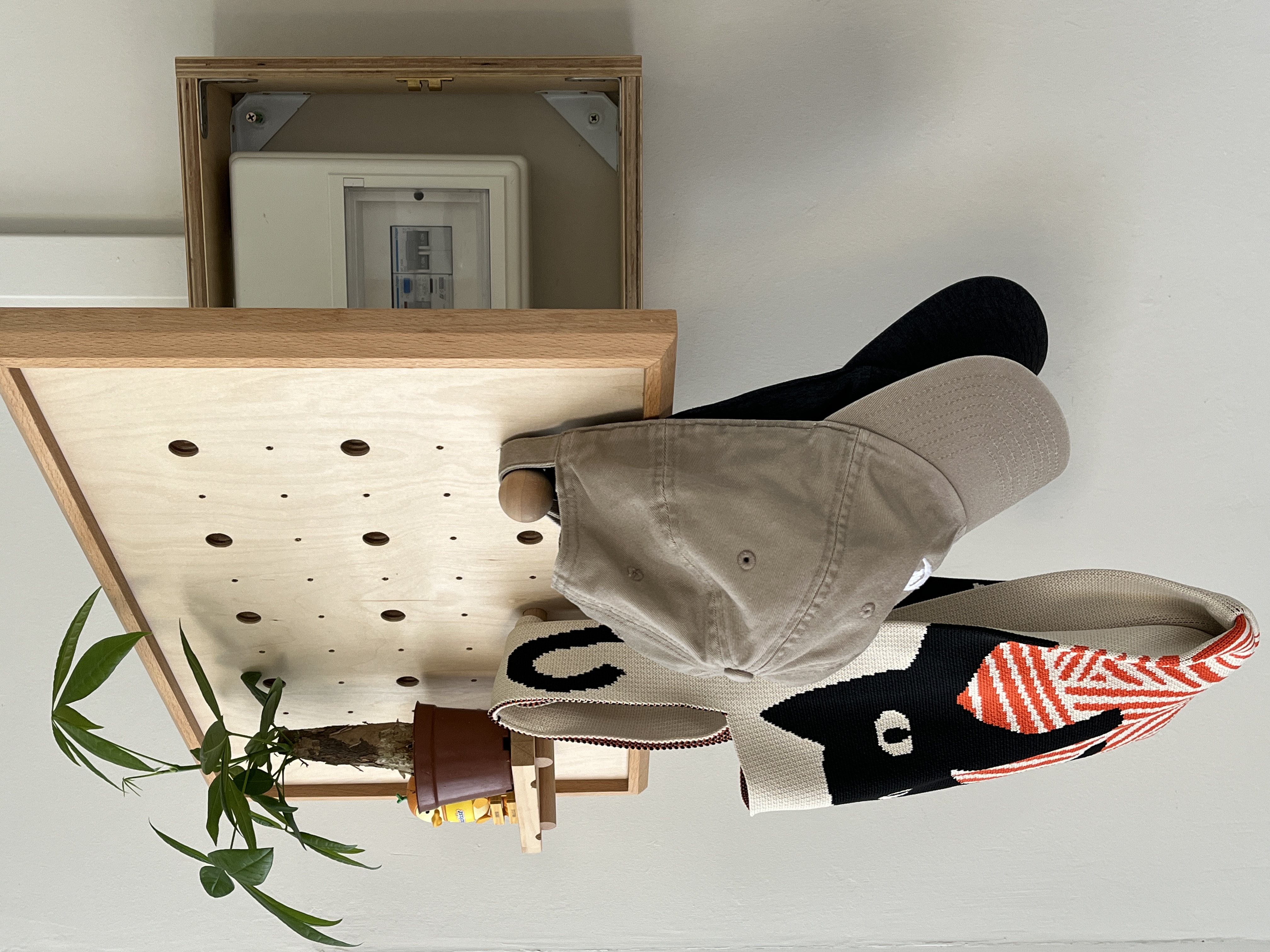 Entryway - Clean & Simple - Wooden shelf, hanging bags, beige bag, knitted sweater, black and white pattern, green plant