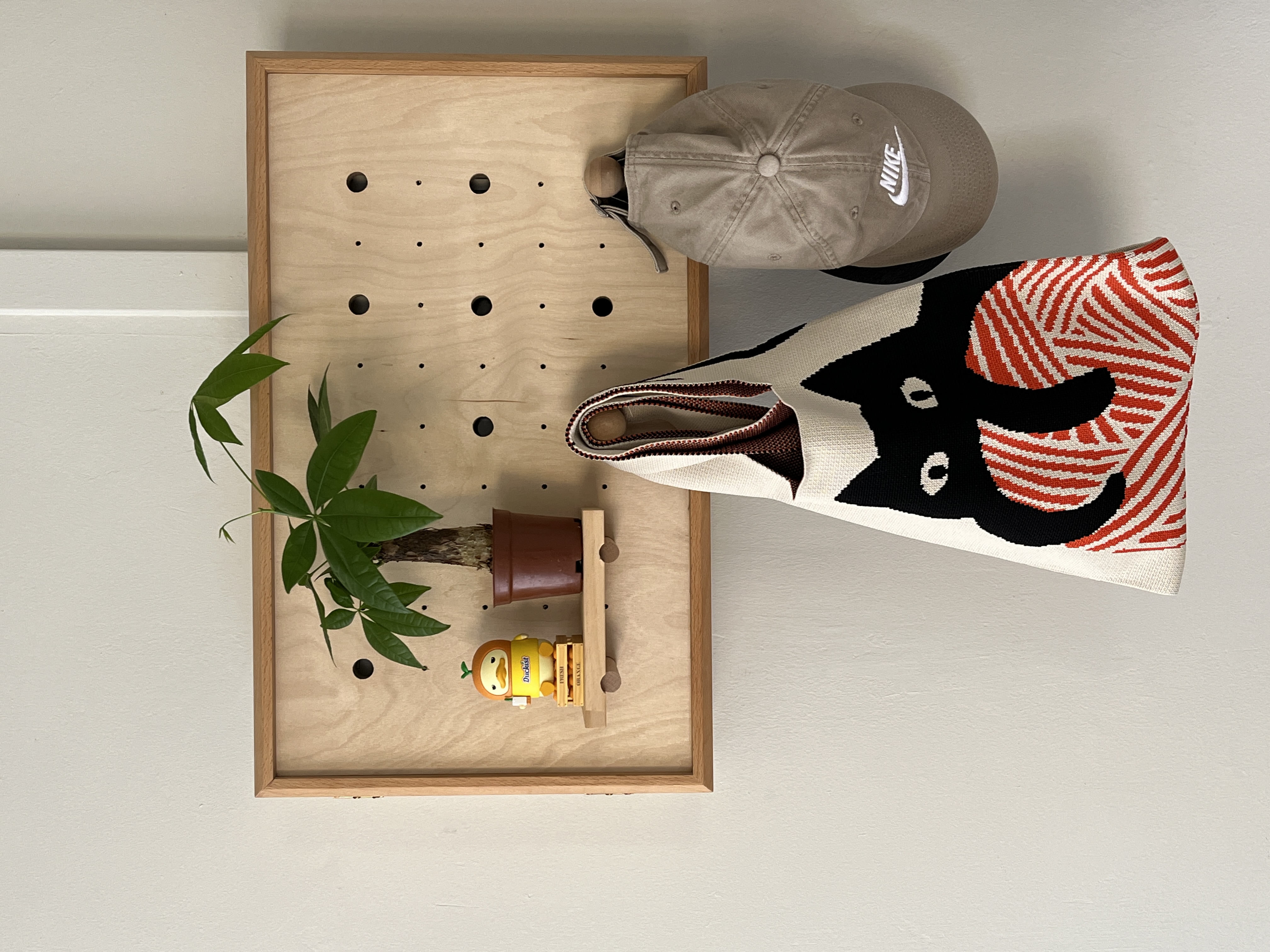 Entryway - Clean & Simple - Wooden tray, green plant, beige cap, knitted sweater, black and white animal face, wooden shelf
