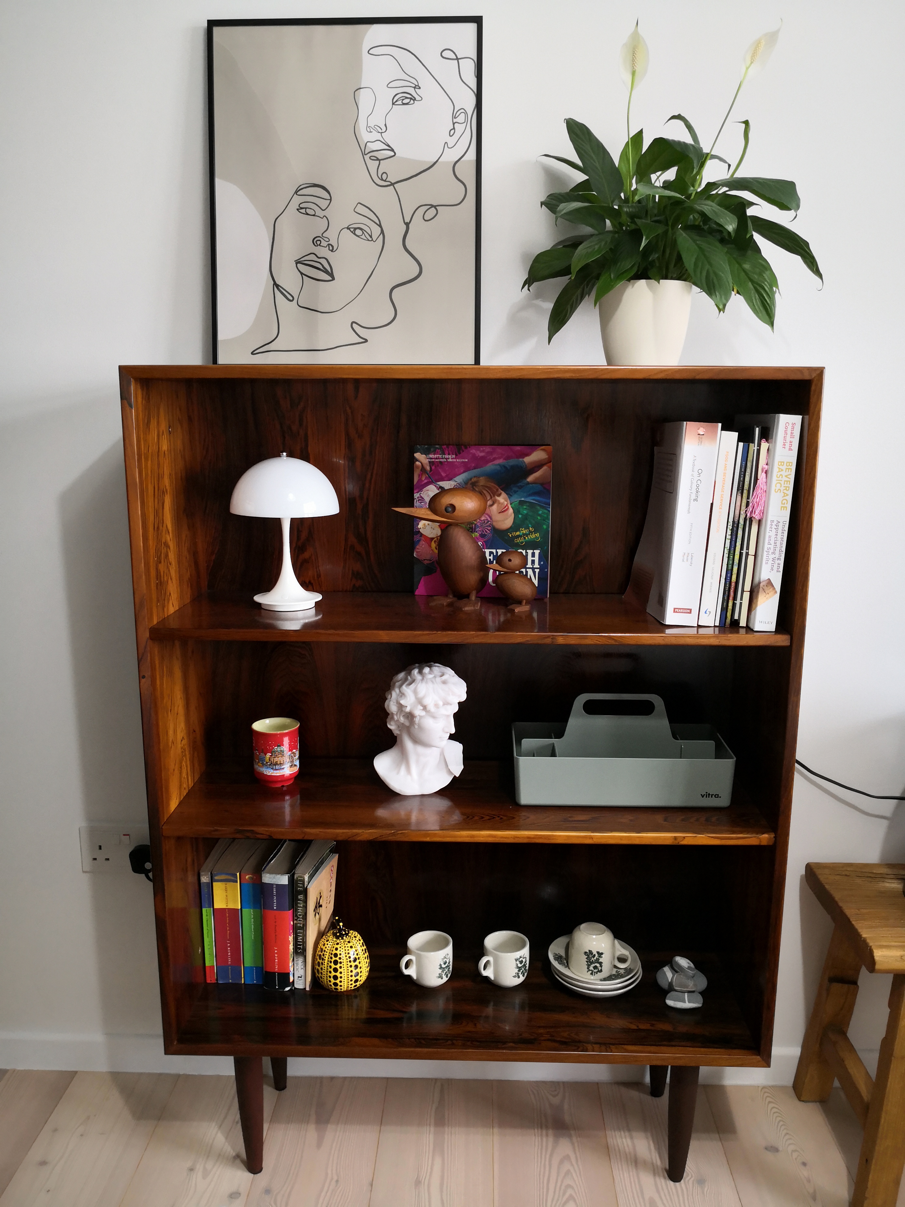 Dream A Little Dream Of Me - Wooden bookshelf, minimalist decor, modern art, framed picture, white lamp, green plant, ceramic
