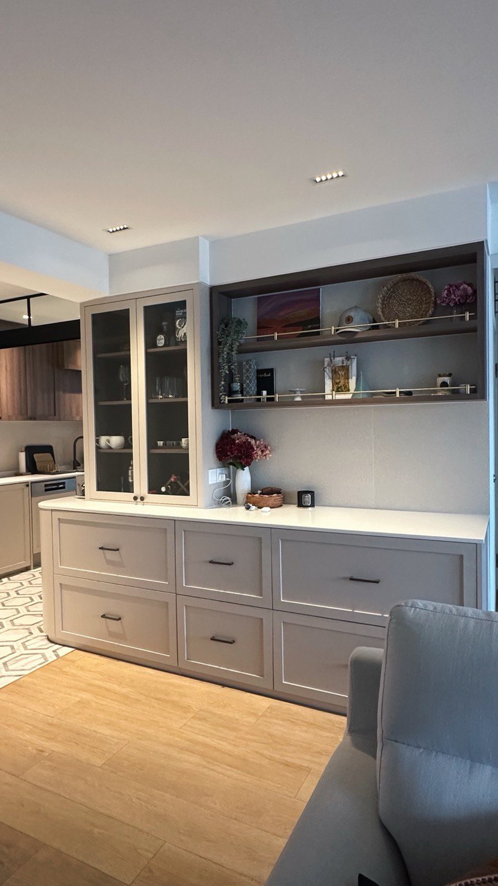 Our Render vs. Reality: 5-Room Resale - glass-fronted kitchen cabinet, modern kitchen design, light gray cabinets, built-in