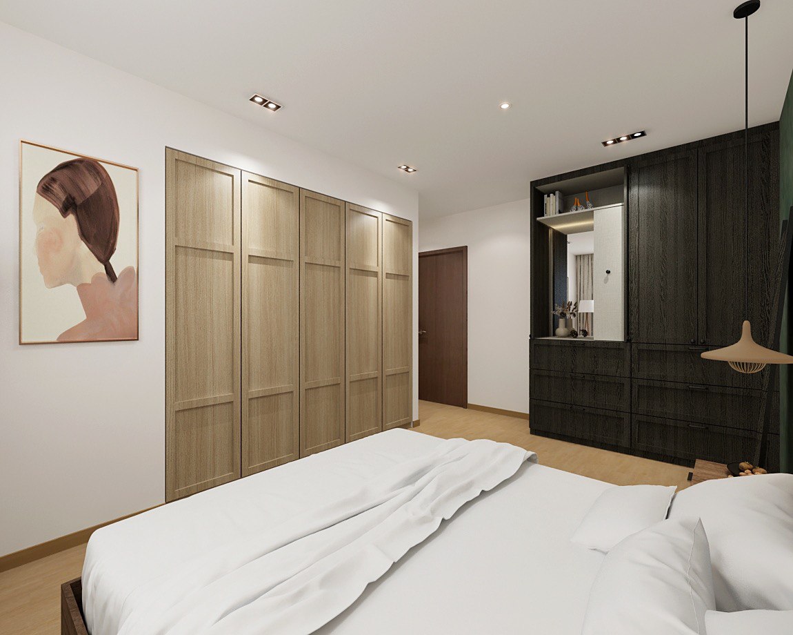 Our Render vs. Reality: 5-Room Resale - Wooden wardrobe, minimalist design, modern decor, white bedding, large mirror