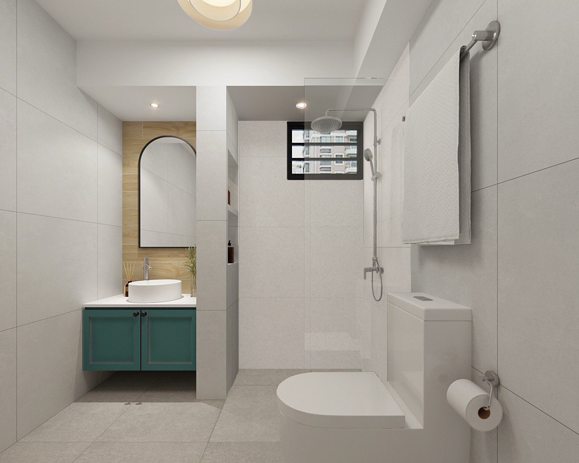 Our Render vs. Reality: 5-Room Resale - Modern minimalist bathroom, sleek design, contemporary decor, neutral color palette