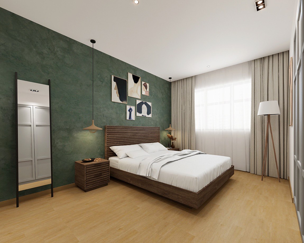 Our Render vs. Reality: 5-Room Resale - Modern bedroom with green textured wall, wooden headboard, white bedding, floor lamp
