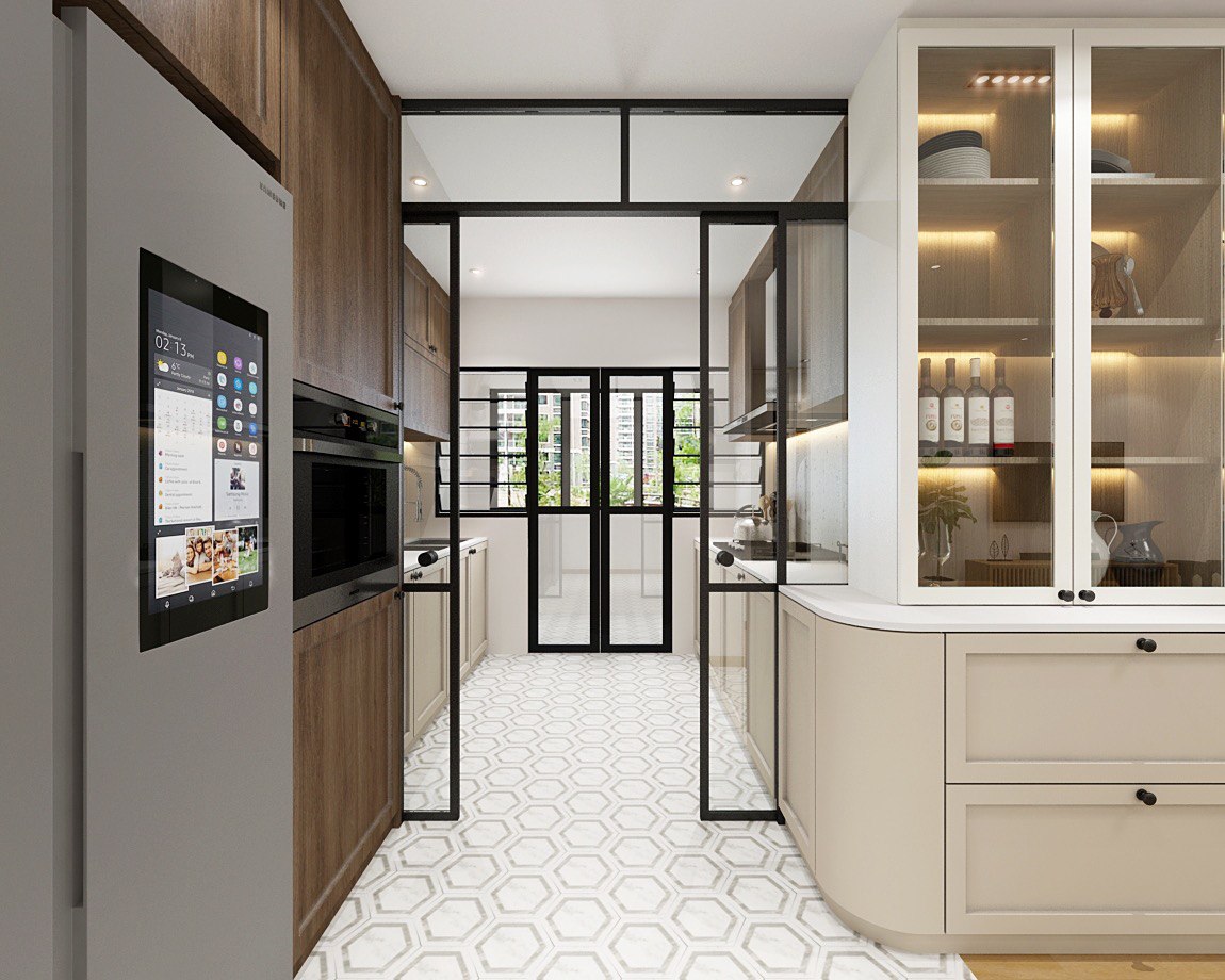 Our Render vs. Reality: 5-Room Resale - Modern kitchen with sleek design, minimalist decor, large touchscreen refrigerator